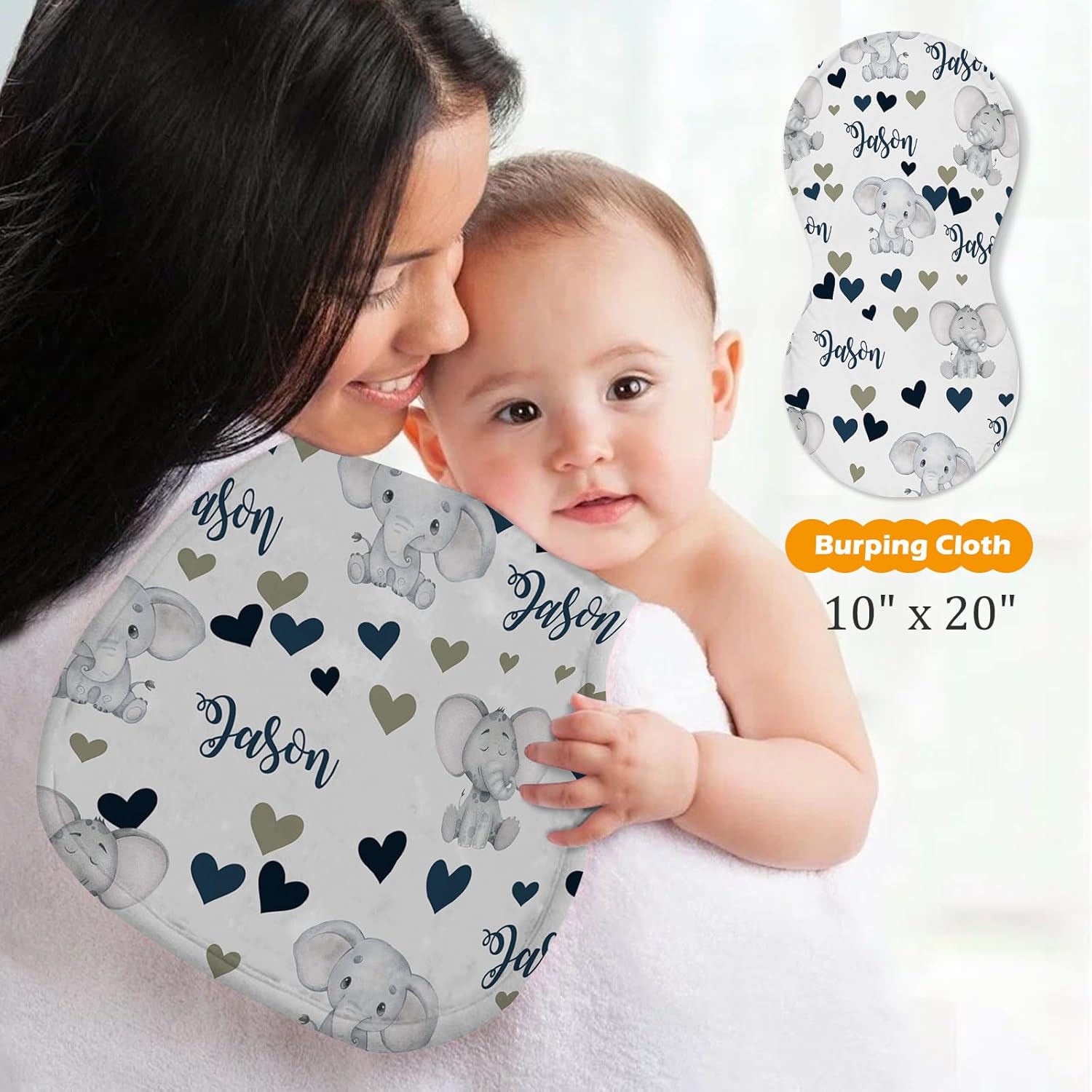 Custom Baby Nursing Swaddling Set: Personalized Custom Name Elephant Swaddle Blanket Car Seat Cover Bow Headband Hat Nursing Pillow for Newborn Boy Animals Love Heart Pattern