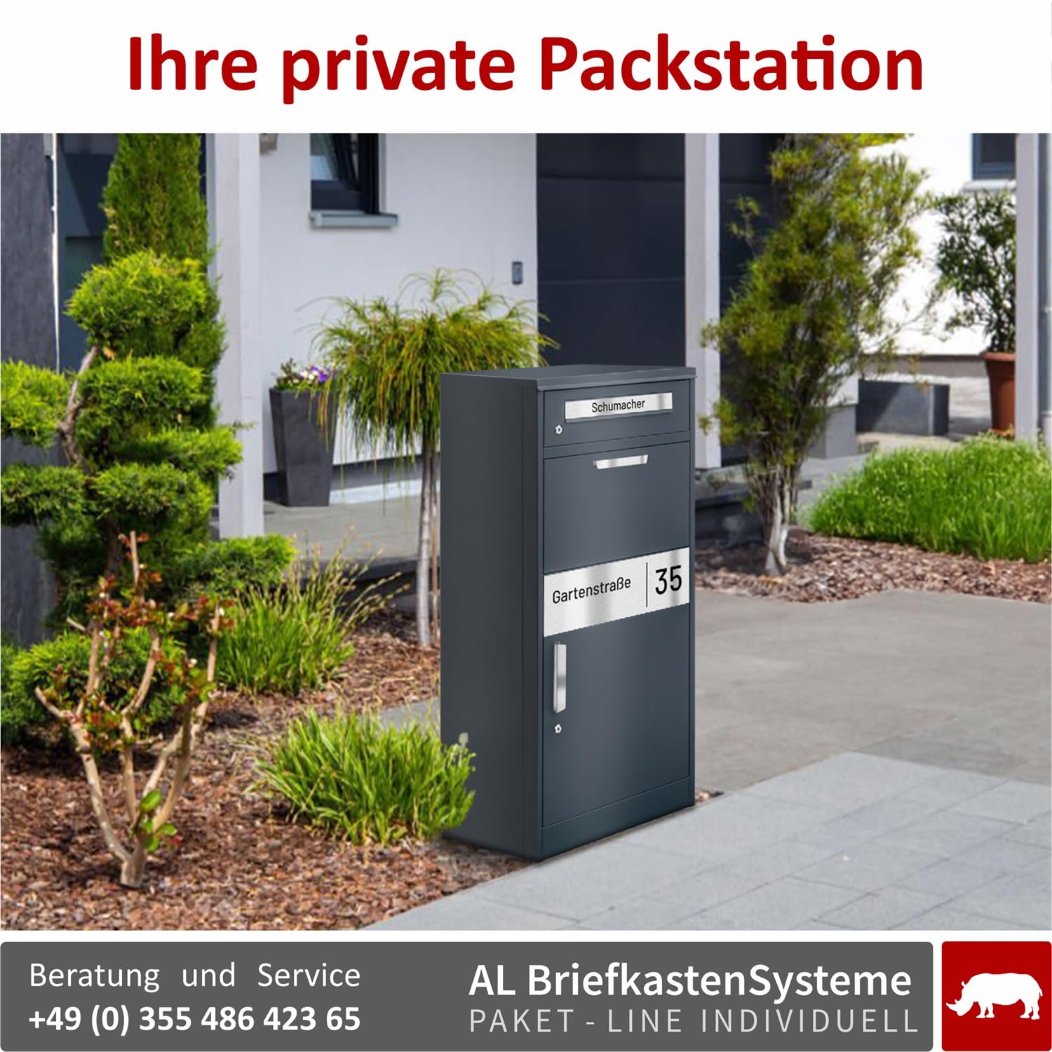 AL Paket-Line - Briefkasten mit Paketfach groß XXL wetterfest mit Namensgravur Paketbriefkasten freistehend drinnen und draußen rostfrei Anthrazit RAL 7016 Paketbox modern massiv mit Rückholsperre