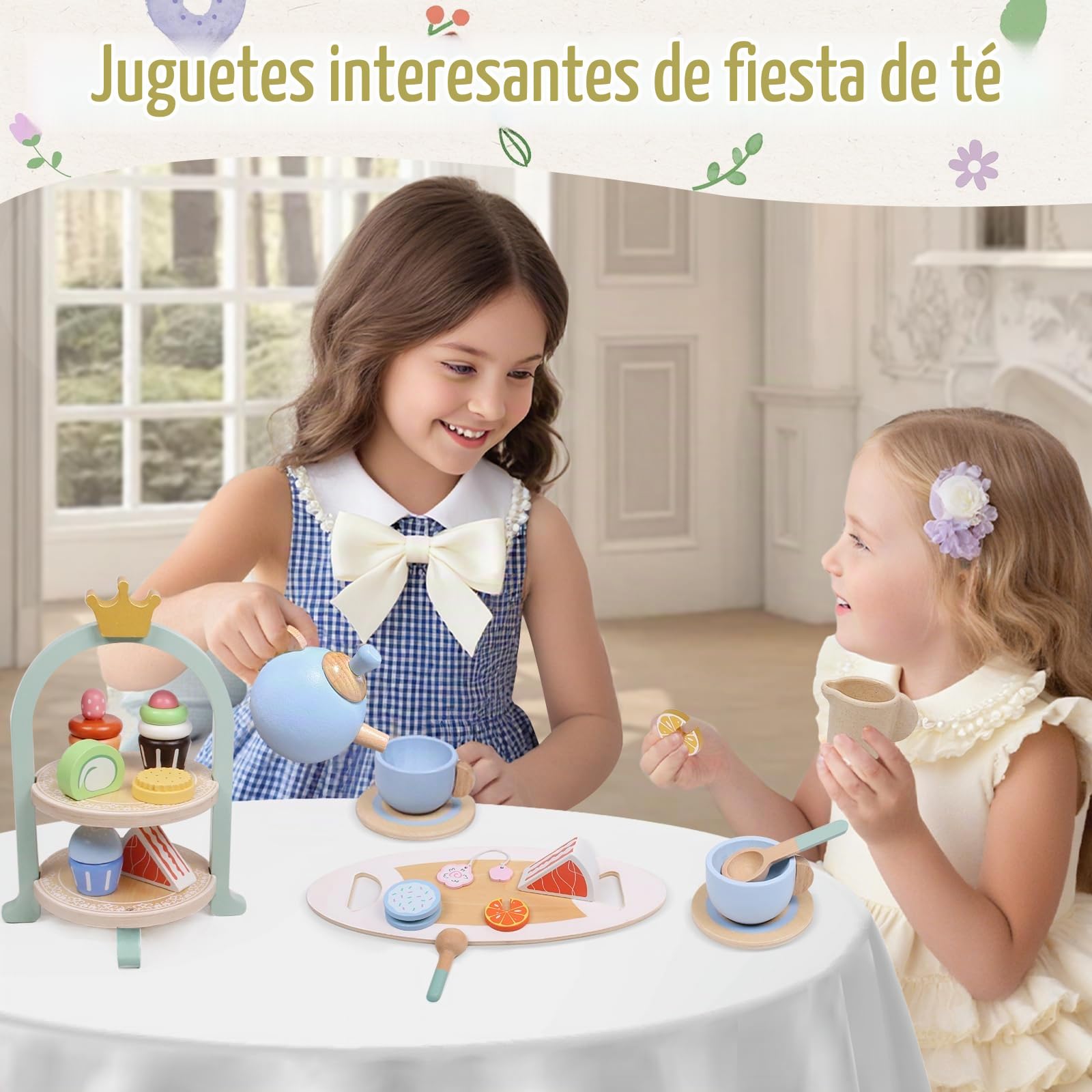 Juego de Té de Madera para Niñas, 30Pcs con Postre Comida y Tetera, Juguetes de Cocina para Juegos de rol, Regalo Infantil para Niña 3 4 5 6 7 Años
