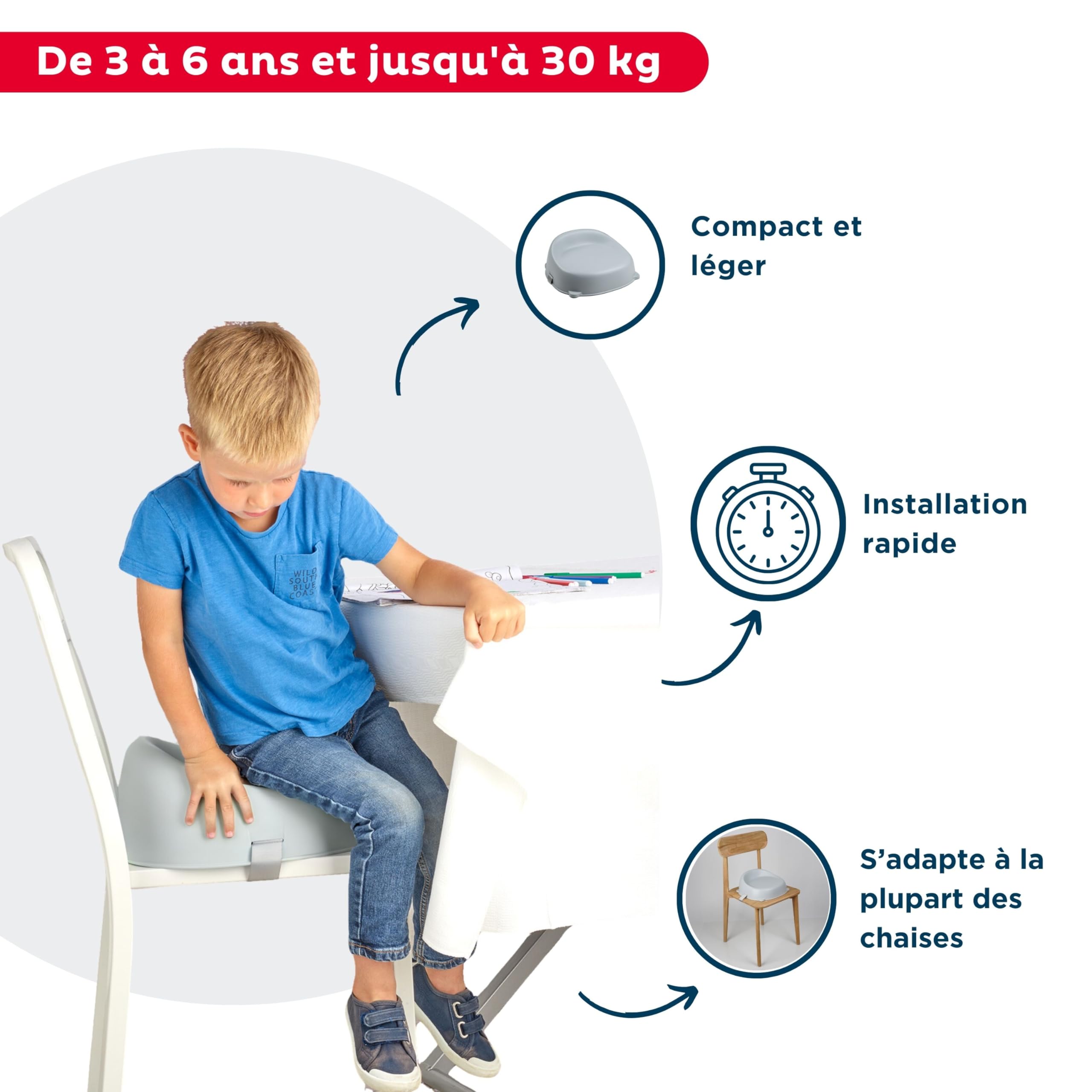 THERMOBABY - Rehausseur de chaise EASY - Rehausseur - Enfant de 3 à 6 ans (ou jusqu'à 30 Kg) - Confortable - Léger et Transportable - facile d'installation - Gris Charme - Fabriqué en France
