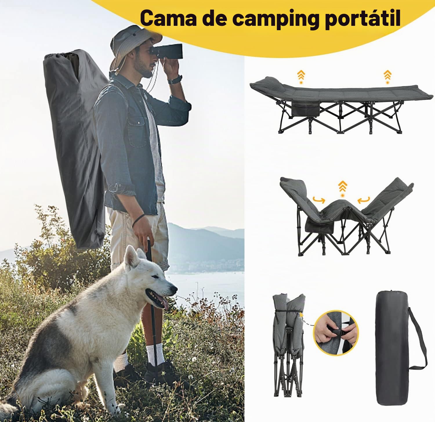 ATORPOK SHOP Cama de camping plegable, cama de invitados plegable hasta 200 kg para, interior, exterior, playa y jardín (gris)