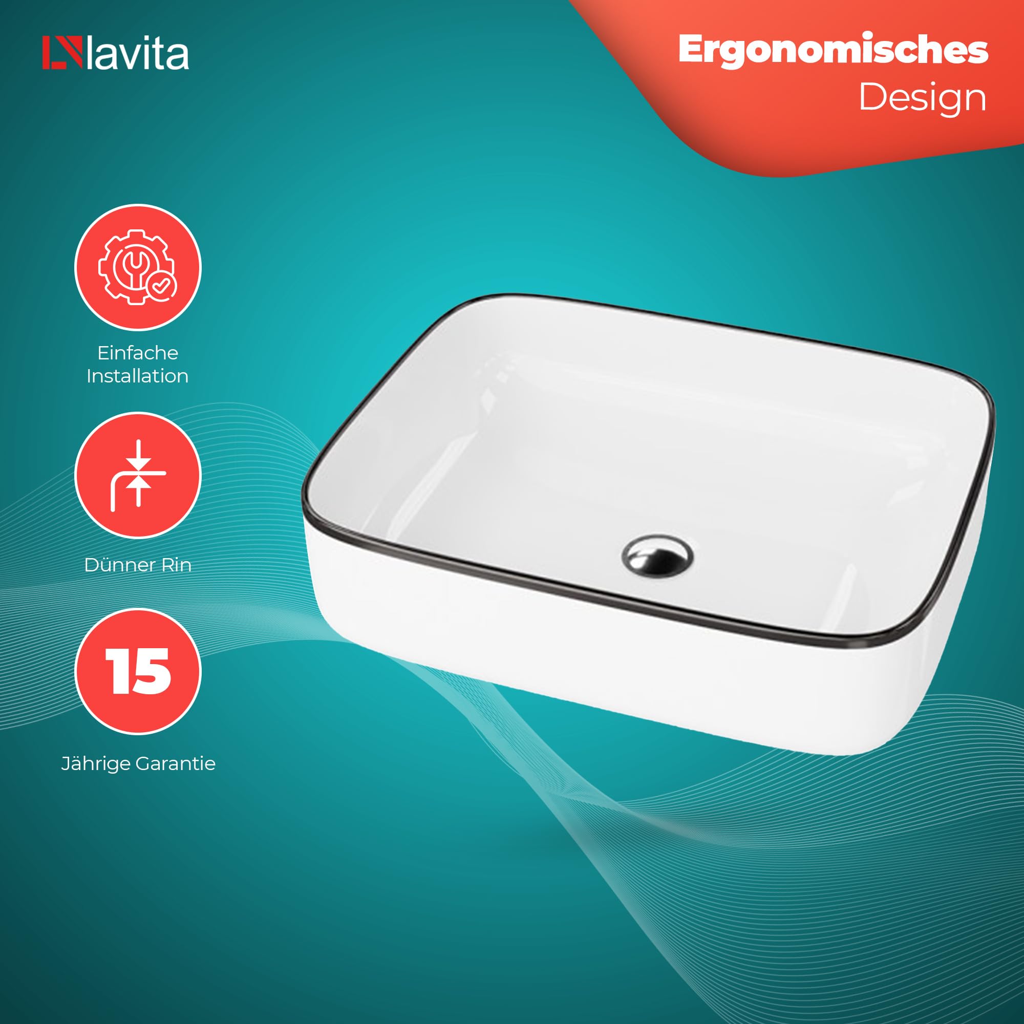 Lavita Aufsatzwaschtisch Galera Black Line Lavabo à poser Rectangulaire Lavabo sans trop-plein et trou de robinetterie En porcelaine de haute qualité Céramique de salle de bain Espace de lavage