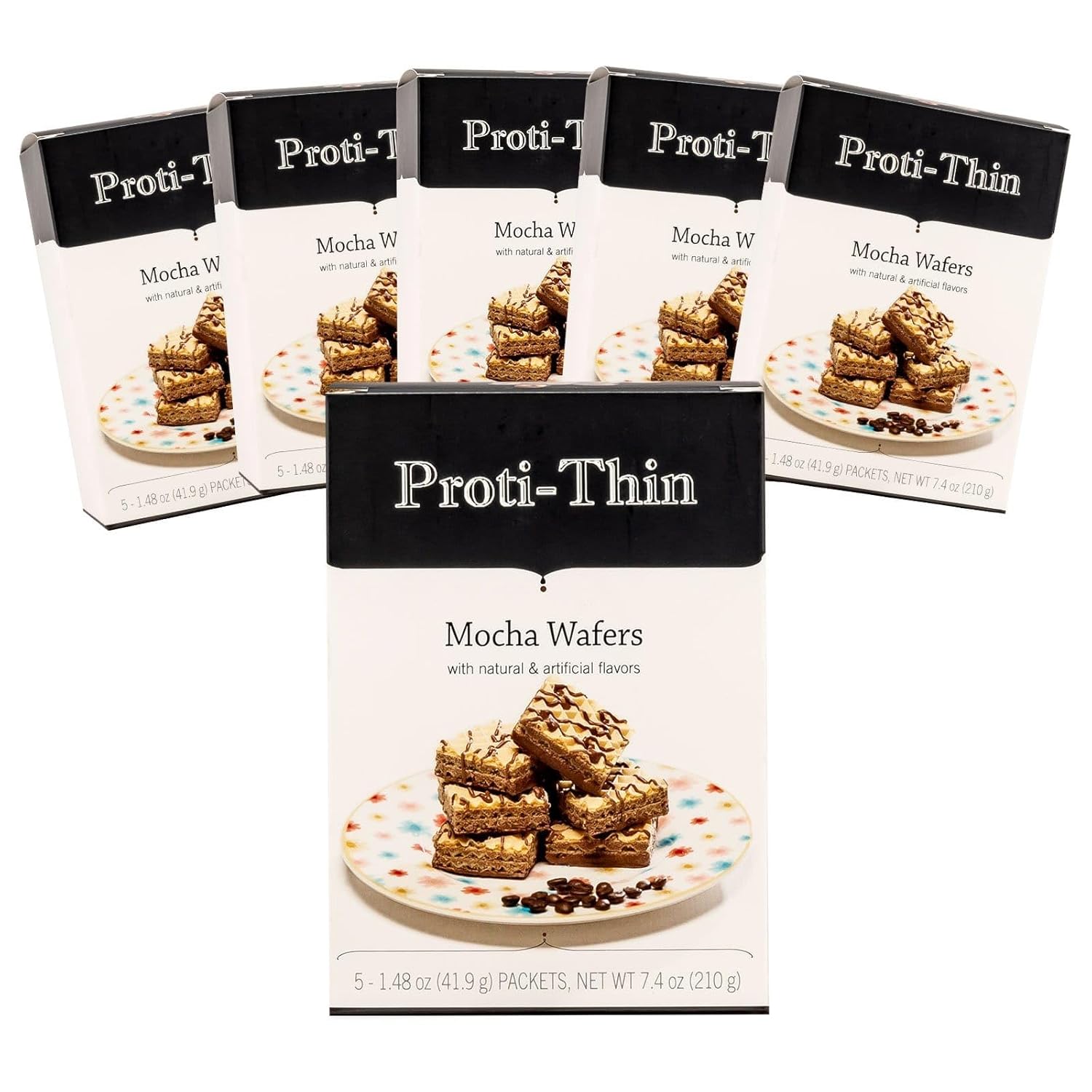 Proti-Thin High Protein Mocha Wafer Squares, 15g Protein, Low Calorie, Low Sugar, Aspartame Free, Diet Wafer Bars, Healthy Snack, 2 Wafers per Serving, 5 Count Box (6 Boxes - Save 10%)