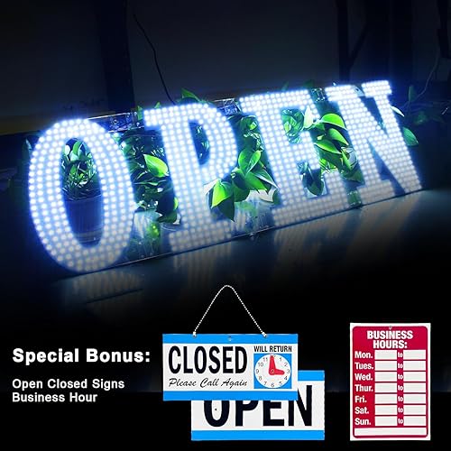 Miniatura 2 de LemonNova Letreros LED abiertos de 40 x 14 pulgadas para negocios, diseño único súper brillante, blanco, con instalación colgante para tiendas de