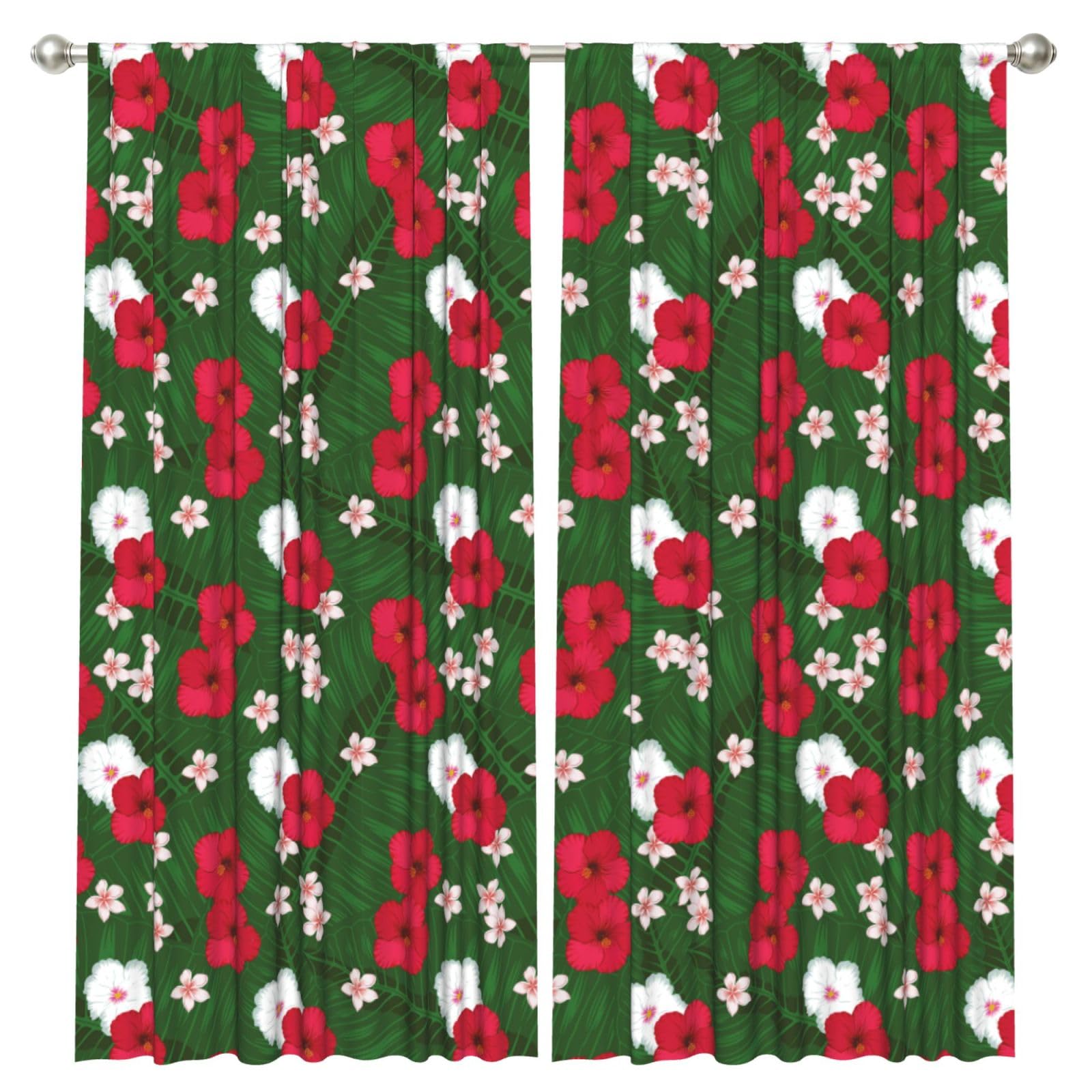 InOmak Plumeria Hibiscus Green Leaves Background, 2 Panels Window Curtains 52 x 84 Inch Blackout Curtains for Living Room Bedroom