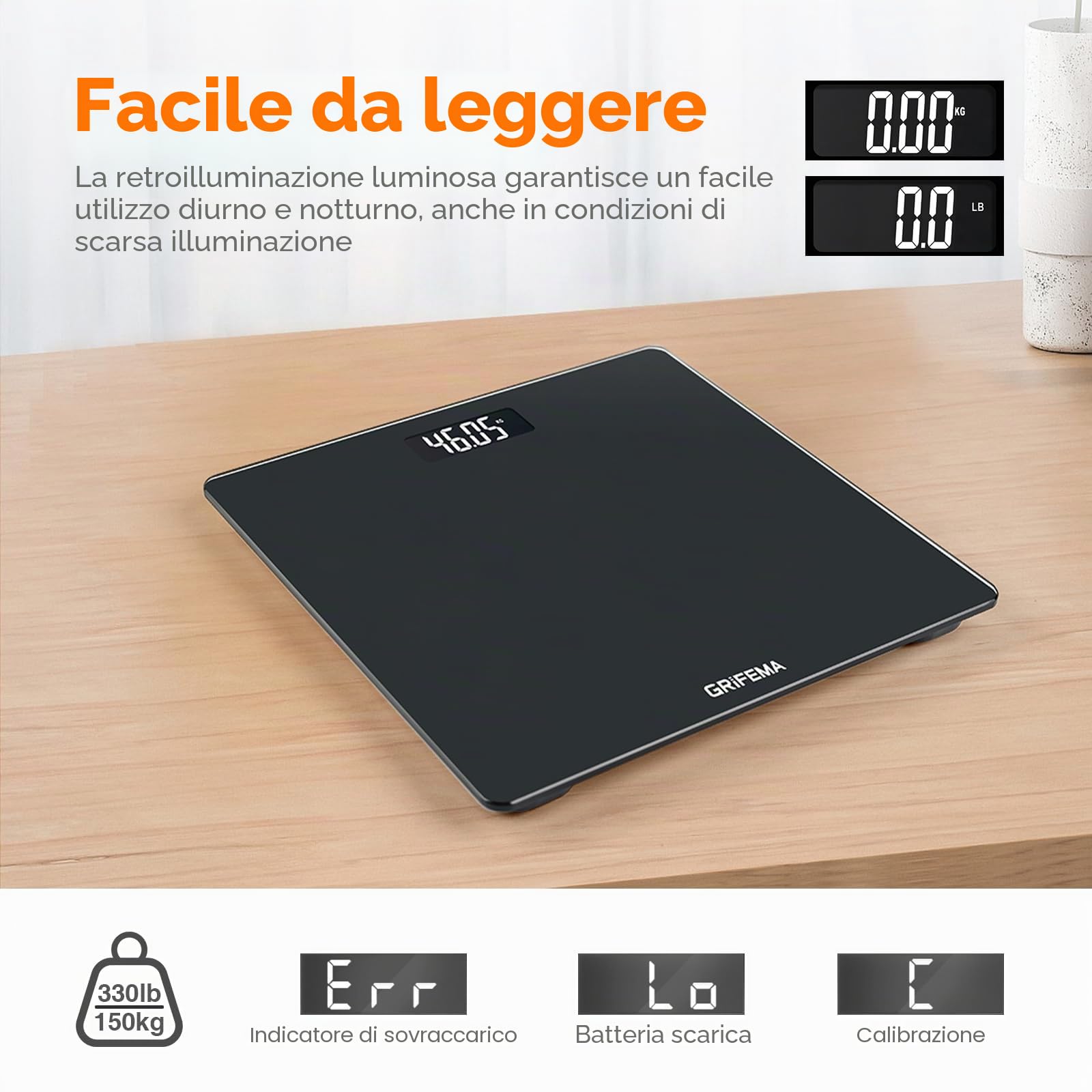 GRIFEMA GA2001-1 Bilancia Pesa Persone con Display LCD, Bilancia da Bagno con Design Moderno, Max 150 kg Precisione 50 g, Facile da Leggere, 26x26 cm, Nero