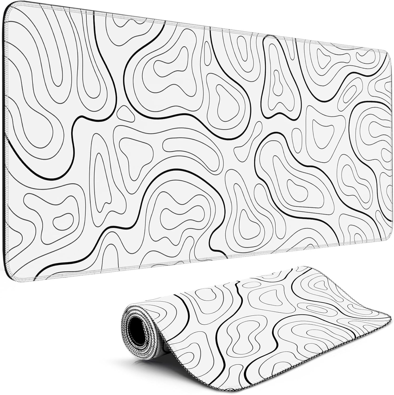 Gaming Mouse Pad Big Mousepad with Non-Slip Rubber Base, 31.5 x 11.8 in XL Large Desk Mat for Gaming Home Office, Long Keyboard Pad Mouse Mat for Computer with Stitched Edges, White Topographic
