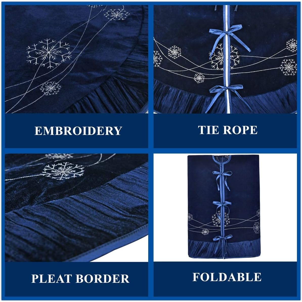X.Sem Snowflakes Embroidered Velvet Christmas Tree Skirt with Pleat Velvet Border 50'' (Navy, 50 inch)