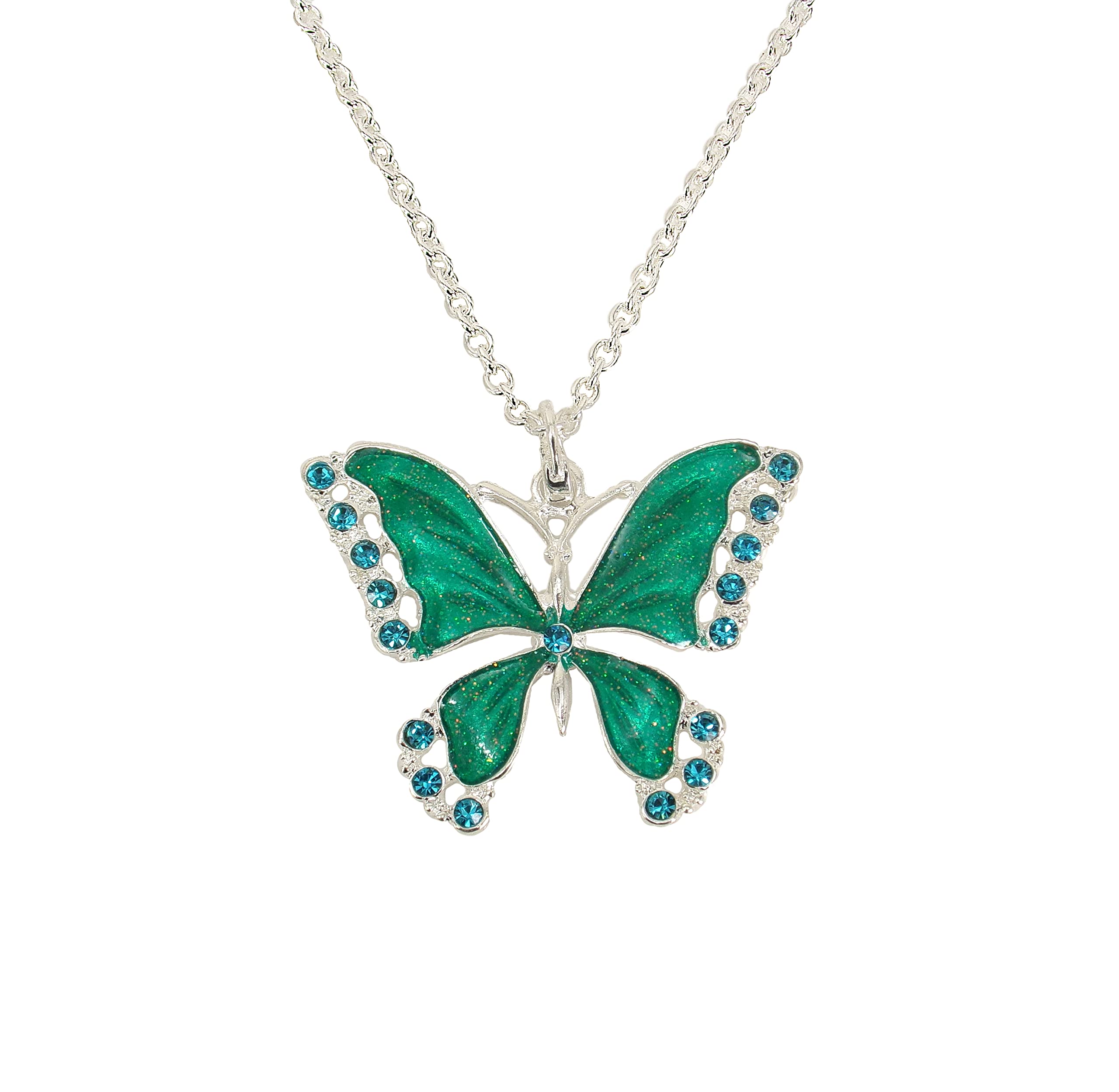 Large butterfly pendant necklace in shiny green enamel and blue crystals, Fashion Enamel Butterfly Necklace for Women