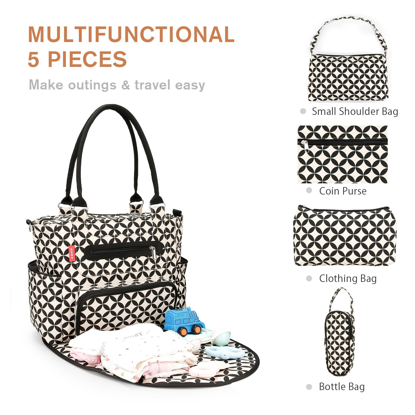 SONARIN Set di 7 borse per pannolini per bambini, borsa per pannolini, tracolla multifunzione, borsa per la maternità, borsa per pannolini da viaggio, con fasciatoio e ganci per passeggino