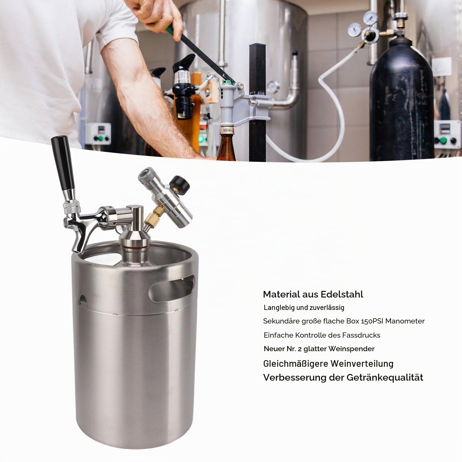 Mini Edelstahlfass 5L Bierzapfanlage Automatische Fass Growler mit Wasserhahn Bierausgabe 150PSI Manometer Heimfass Druckfass Kit