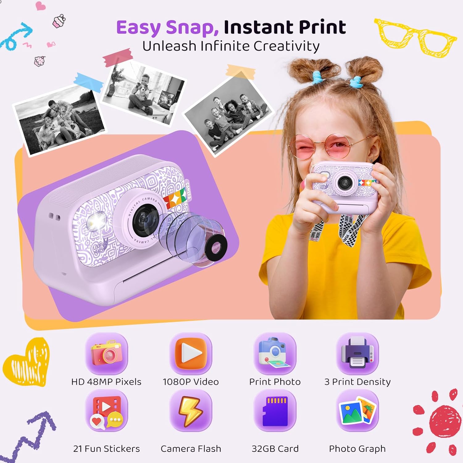 Instant Print Camera for Kids, Birthday Gifts for Girls and Boys Ages 3-12 - 1080P Video Camera for Kids, Gift Ideas for Boys Ages 3 4 5 6 7 8 9 10 11 12 - Girls' Gifts for Christmas/Holidays (Purple) - Image 2