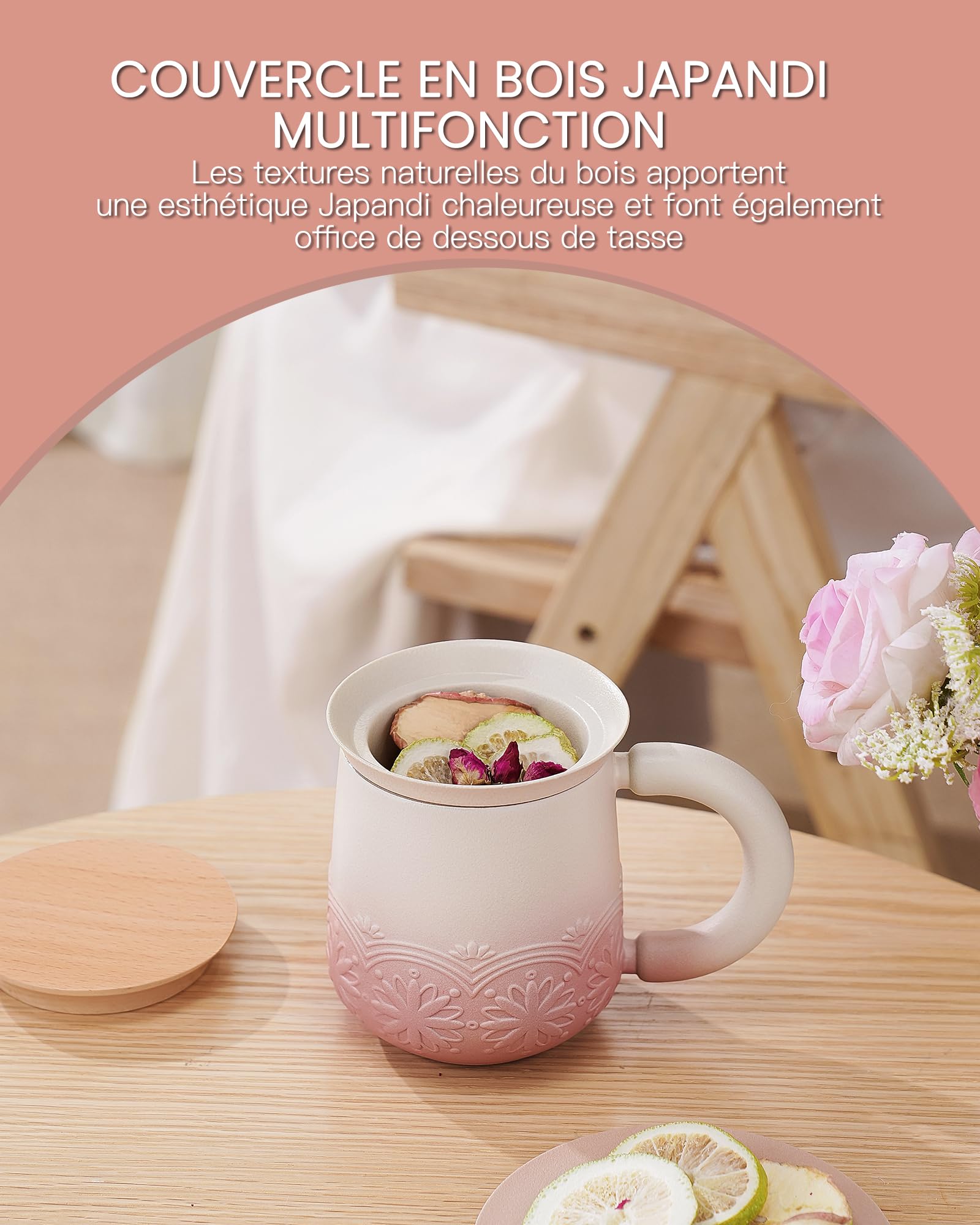 ZENS Taza de té con infusor y tapa, 330 ml - Taza de cerámica con relieve para té de hojas, tapa de madera, taza con filtro para amantes del té, rosa pálido