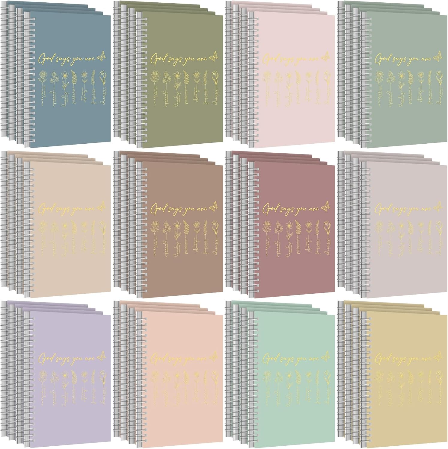 MotiMind 48 Pcs Floral Christian Spiral Notebook Set Christian Gifts for Women God Says You Are Bible Verse Inspirational Prayer Journal with Gold Foil Cover for Church 5.5" x 8.3" (Morandi)