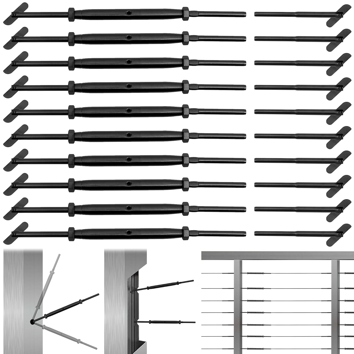 Helffer 10 Pairs Black Cable Railing Hardware Kit for 1/8" Cable Railing System, Highly Durable T316 Stainless Steel Turnbuckle for Metal Post Installations