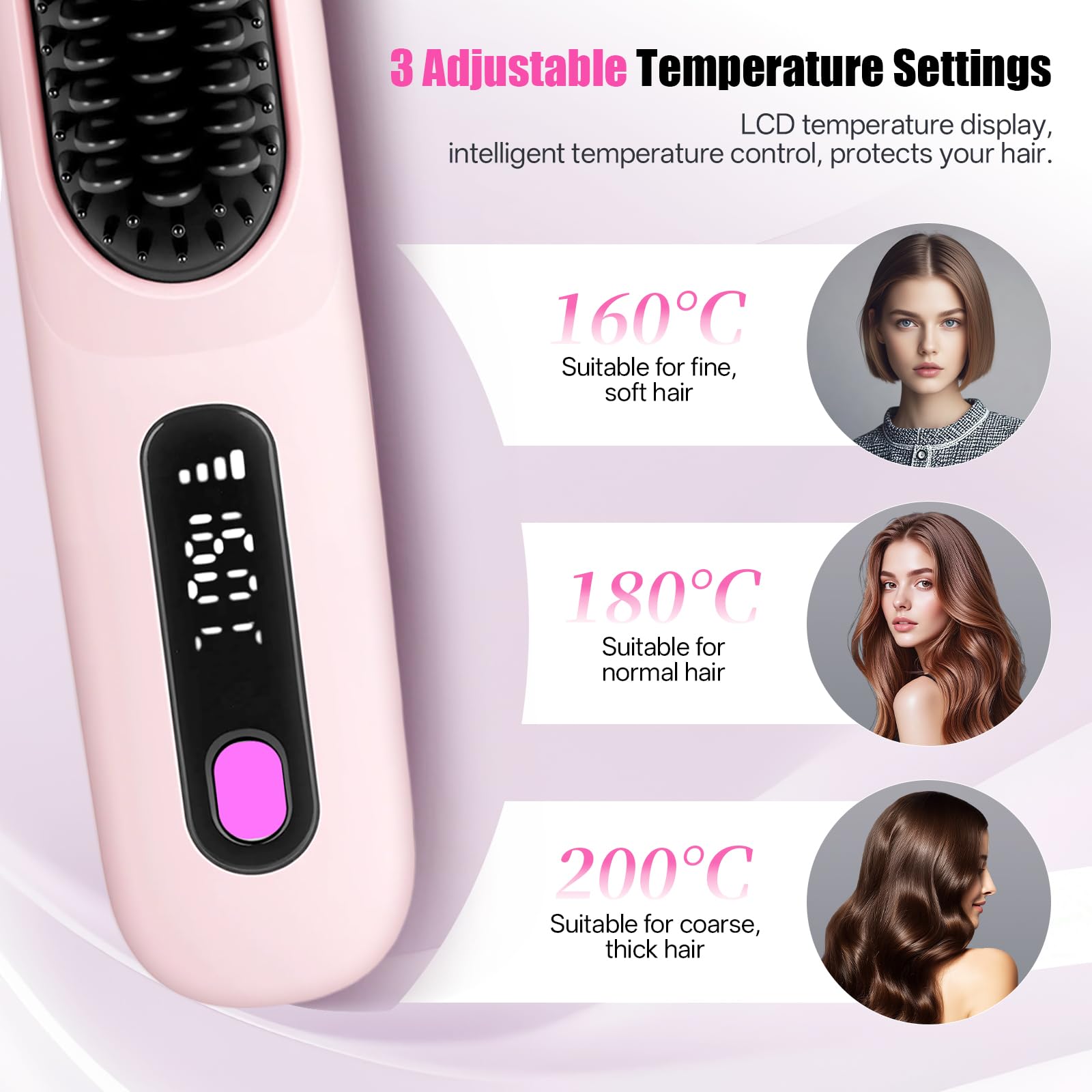 RUIZHI Haarbürste Elektrisch, Glättbürste Kabellos, Stylingbürste für Kurze Haare, Elektrische Haarglätter Bürste, Glättungsbürste, Hot Comb für Reisen, mit LED Anzeige und 3 Temperatureinstellung - 5