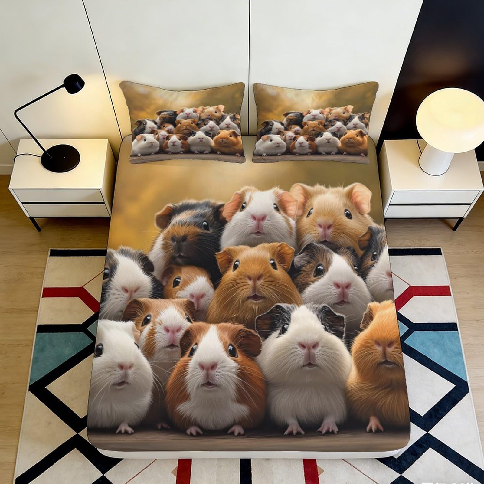 3D Printed Guinea Pig Fitted Sheet Microfiber Deep Pocket Non-Slip Bedding Guinea Pig Mattress Fitted Cover for Bedroom 140x200x25cm