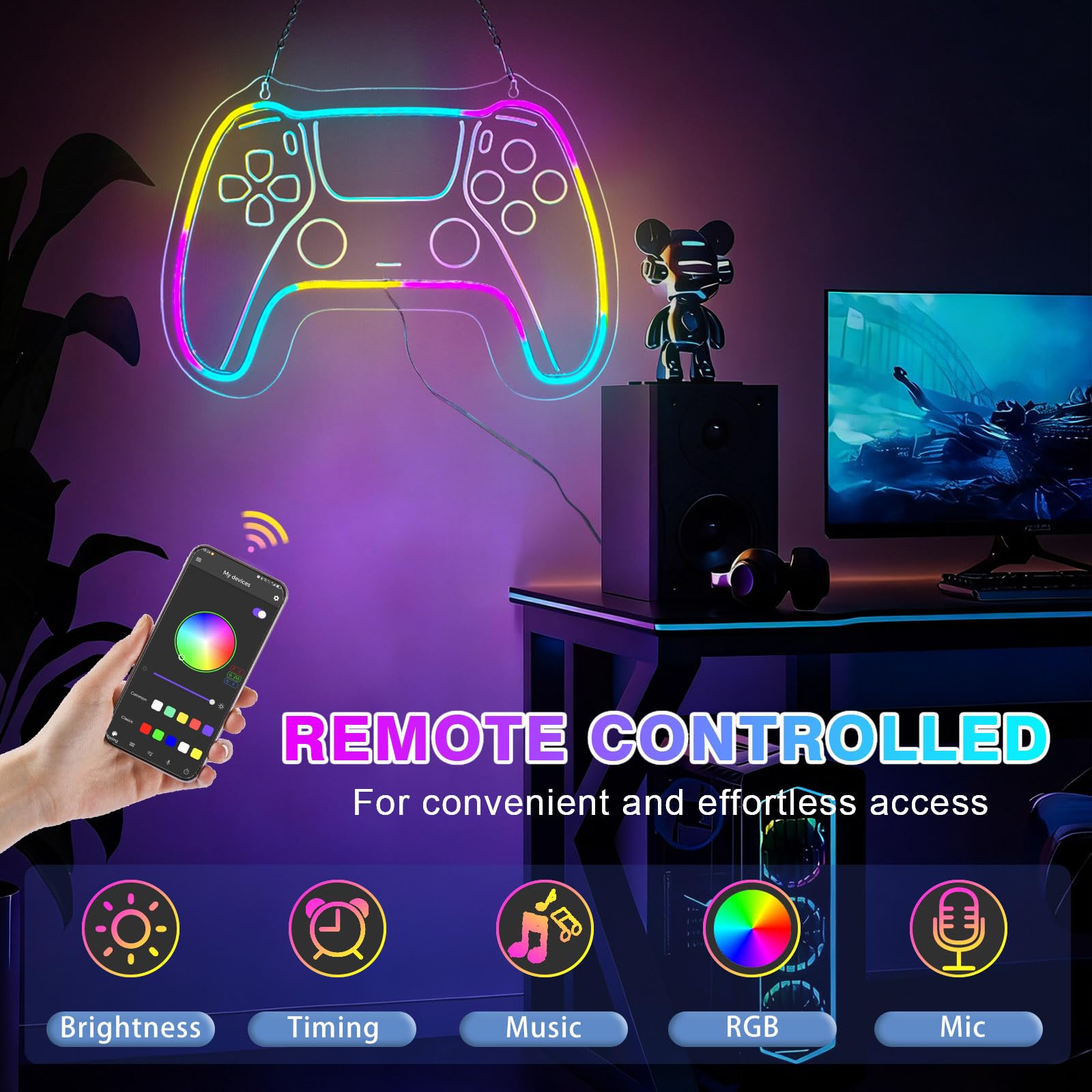 Decorazione per la stanza dei giocatori per ragazzi, luci al neon a LED per decorazione da parete, 40 x 30 cm, luci da gioco a LED con telecomando e controllo app, dimmerabile, decorazione da parete