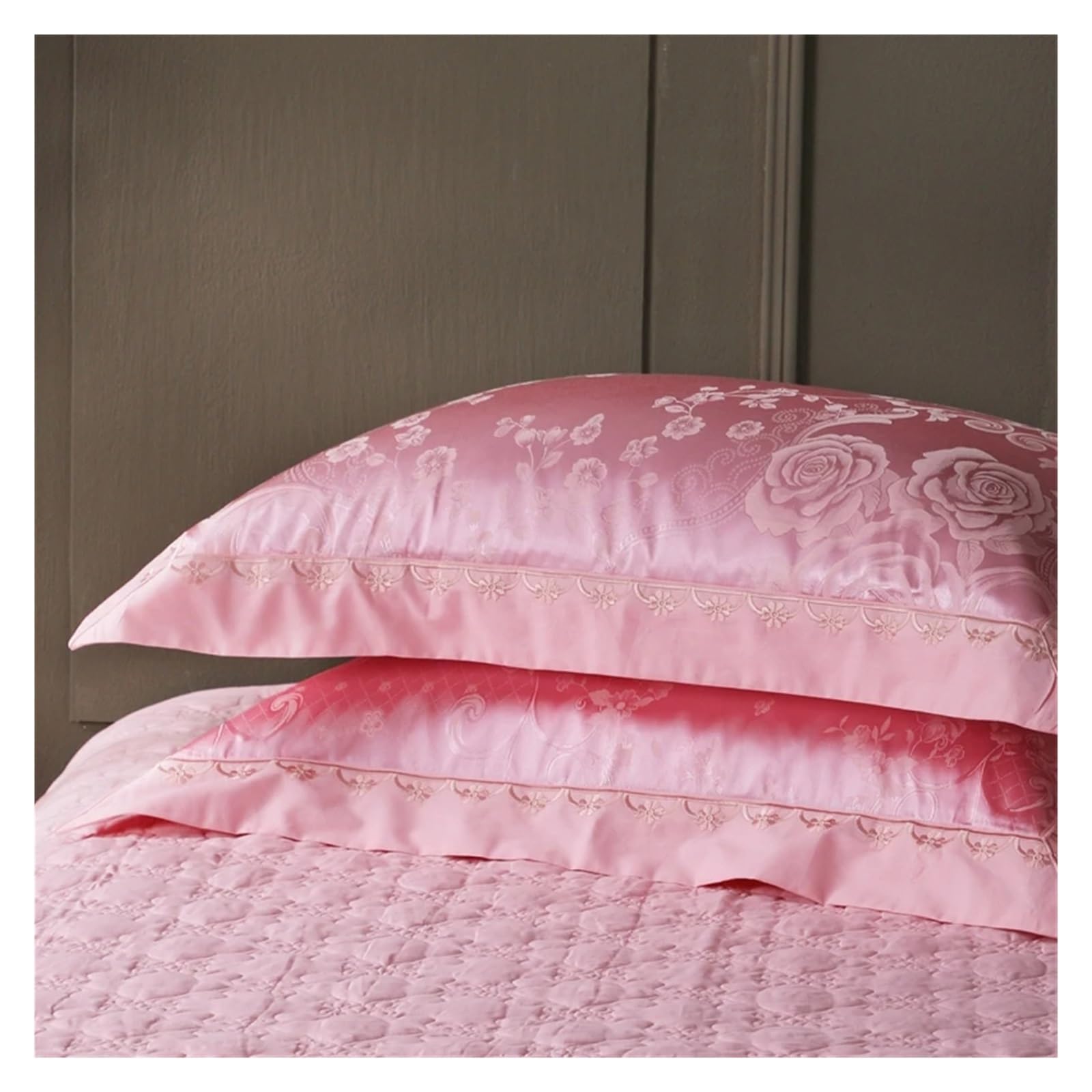 4-częściowy luksusowy zestaw pościeli z jedwabiu i bawełny, poszewka na kołdrę na łóżko typu king-size(Pink,Queen)