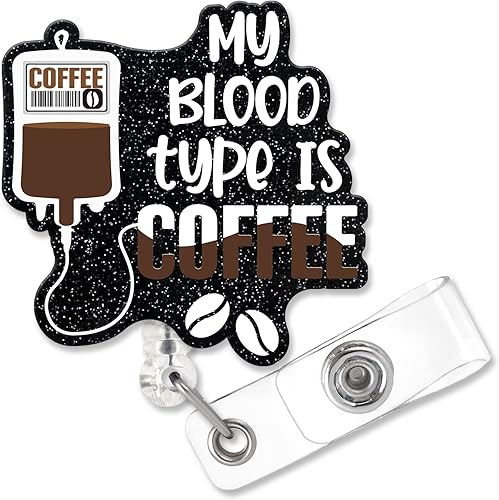 ZBCFSCSB - Carrete con diseño de texto en inglés "My Blood Type is Coffee" con clip de tiburón de metal, etiqueta de identificación de trabajo de