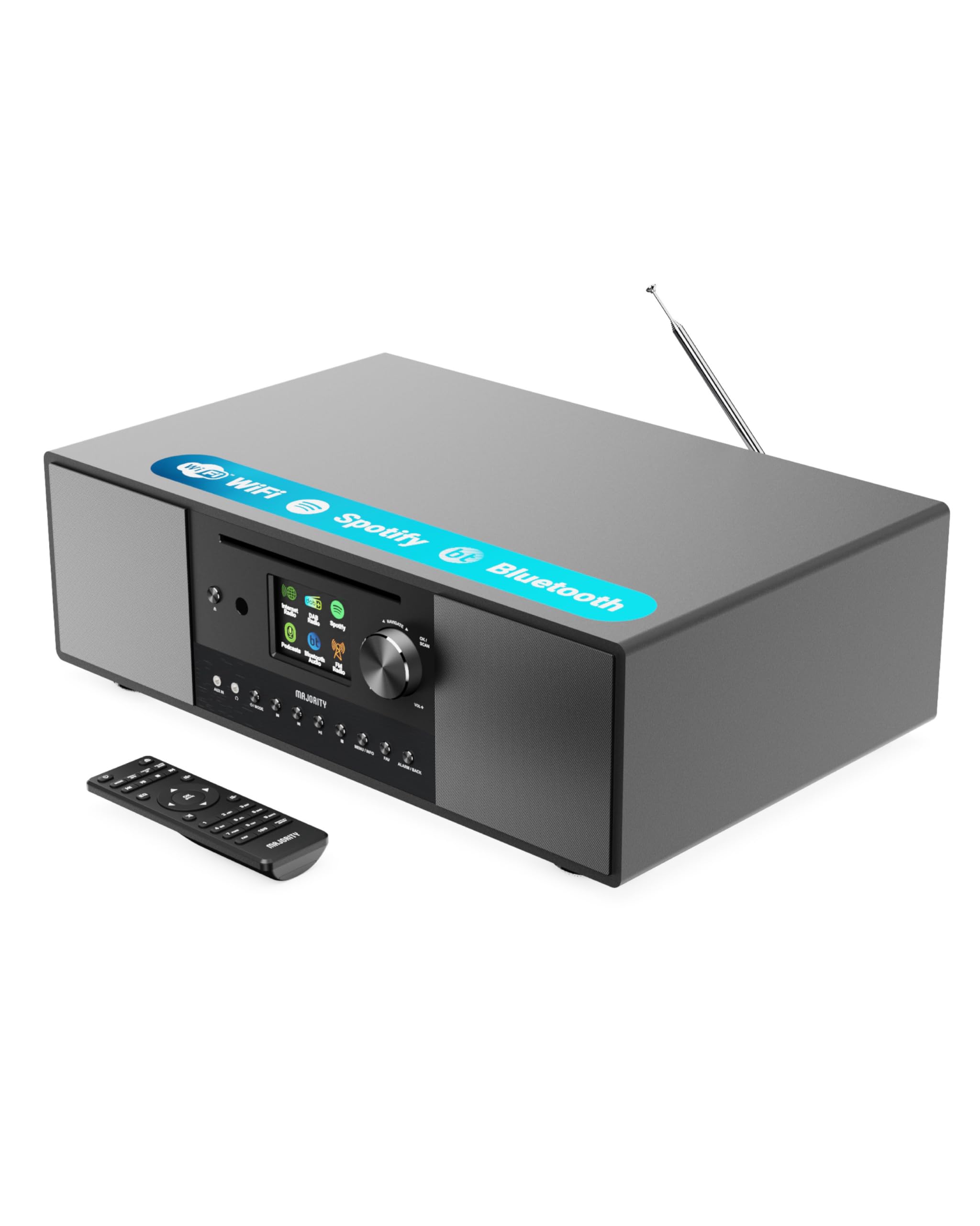 Radio Internet con CD Player | Radio Internet WiFi con Bluetooth | Radio WiFi Dab+ y FM | 120W 2.1 Internet Radio con Subwoofer Incorporado | Spotify Connect y Podcasts | MAJORITY Quadriga
