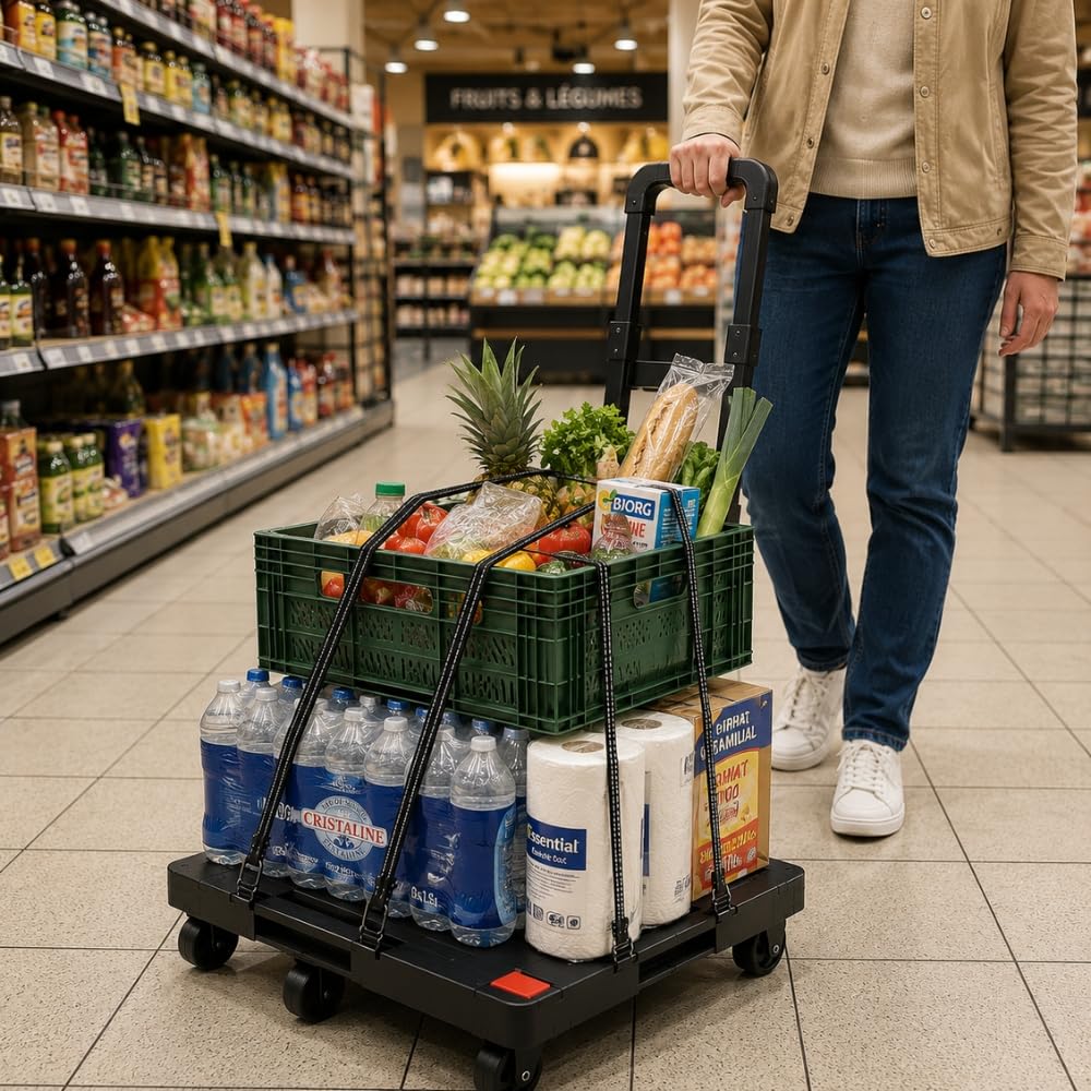 Składany wózek transportowy 6 kół, wysuwana podstawa uchwyt teleskopowy - 2 paski mocujące 1,5 M i maksymalne obciążenie 250 kg