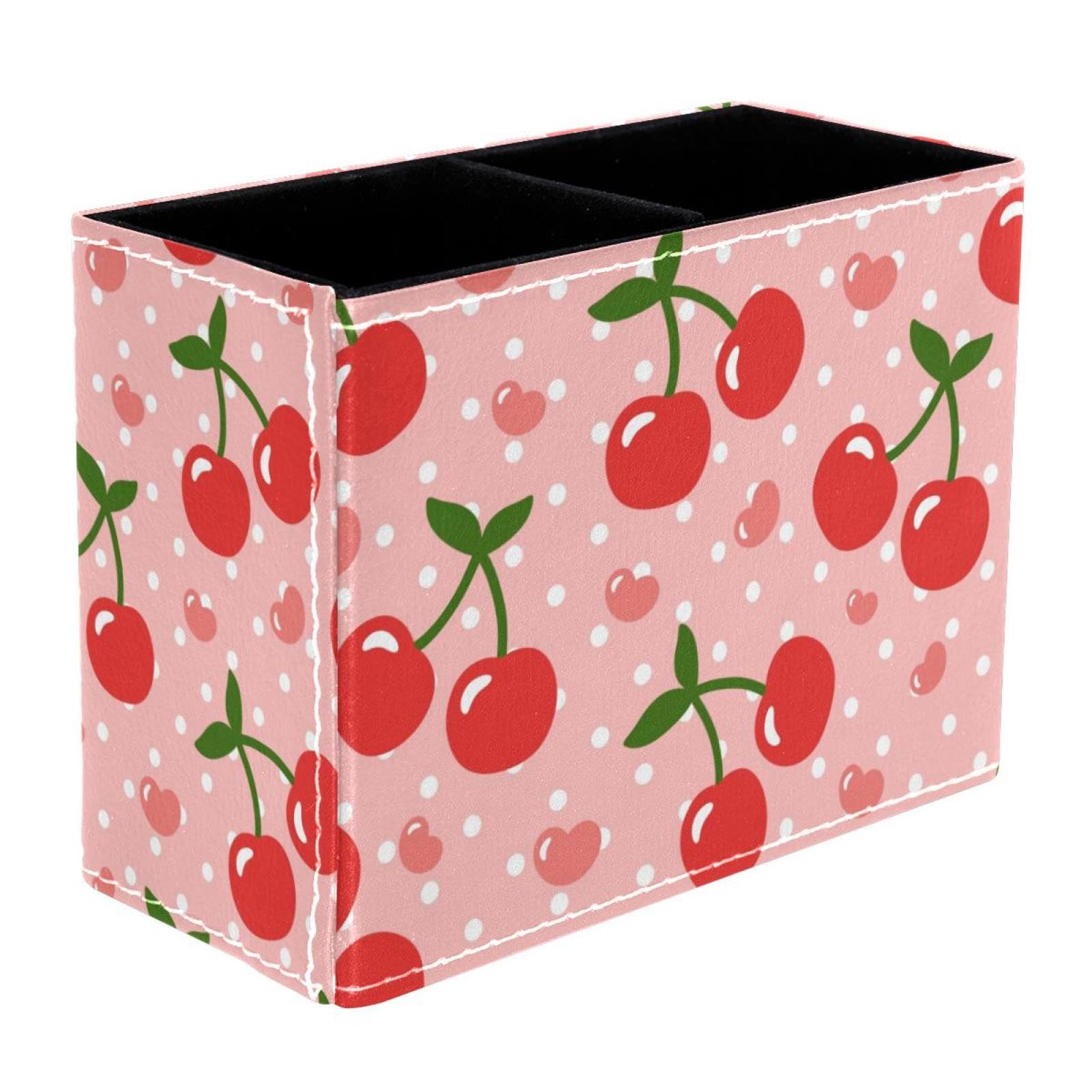VAPOKF Watercolor Cherry Pattern Pen Holder for Desk, 2 Compartments Pen Pot Pencil Holders Makeup Brushes Storage Desktop Stationary Supplies Organiser for Home Office