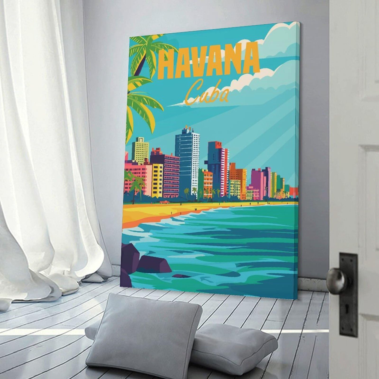 Junmoney Frame-Style-19 Decorative Canvas Print Havana Cuba Minimal, 20X30inch(50X75cm), For New Homes, Bedrooms Or Workspaces, A Wall Art Gift For Fresh Interiors