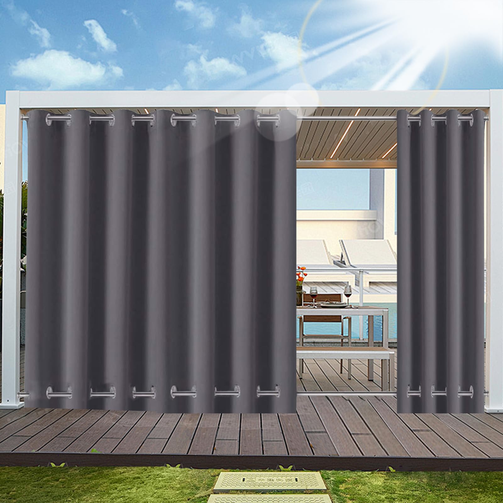 Outdoor Vorhang Wetterfest mit ösen Oben und Unten (Nach Mass), Wasserdicht Wetterfest Vorhang Sonnenschutz Sichtschutz Gardine für Außen Terrasse Balkon Vorhalle, 1 Stück 90X200cm Dunkelgrau