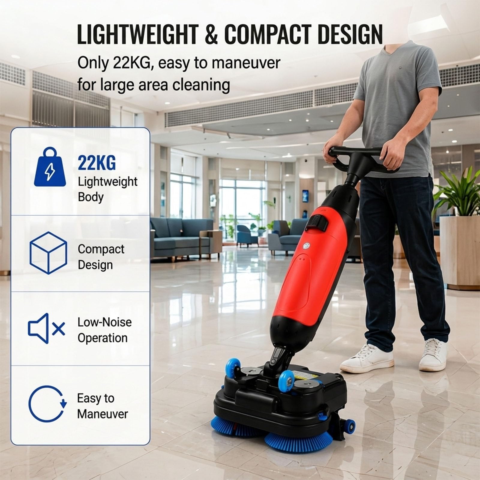 Máquina de Limpieza Industrial, Fregadora Compacta con Batería 104Ah, 1200m²/h, Doble Cepillo 500W para Mantenimiento Diario, Eficaz y Ergonómica(Gray)