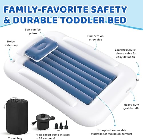 Miniatura 7 de Cama inflable de viaje para niños pequeños, cama portátil de 60 pulgadas para viajes con lados de seguridad, acogedor juego de colchón de aire para
