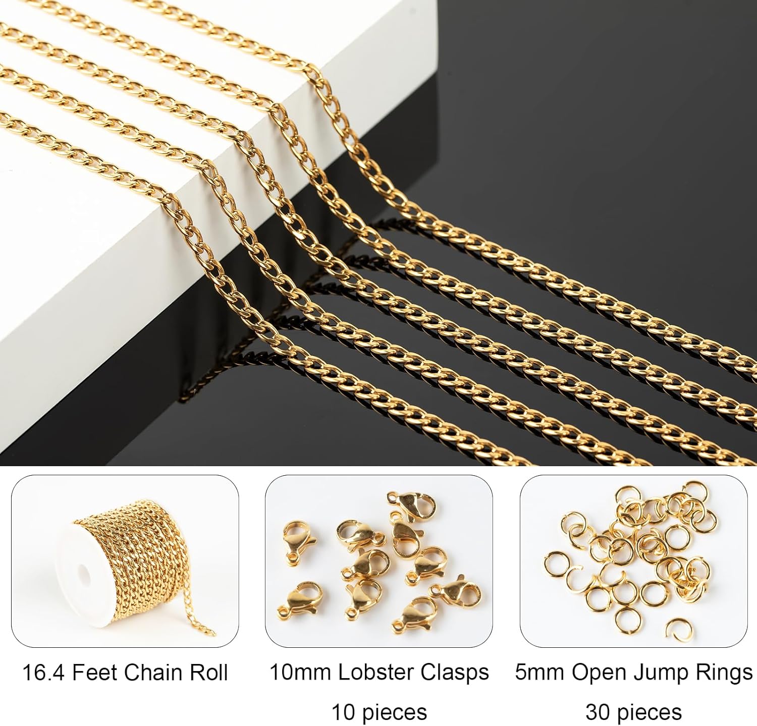 Jabogrii 16.4 Feet Gold Curb Cuban Jewelry Making Chains Stainless Steel Necklace Bracelet Chain with Lobster Clasps and Open Jump Rings for Jewelry Making - Image 2