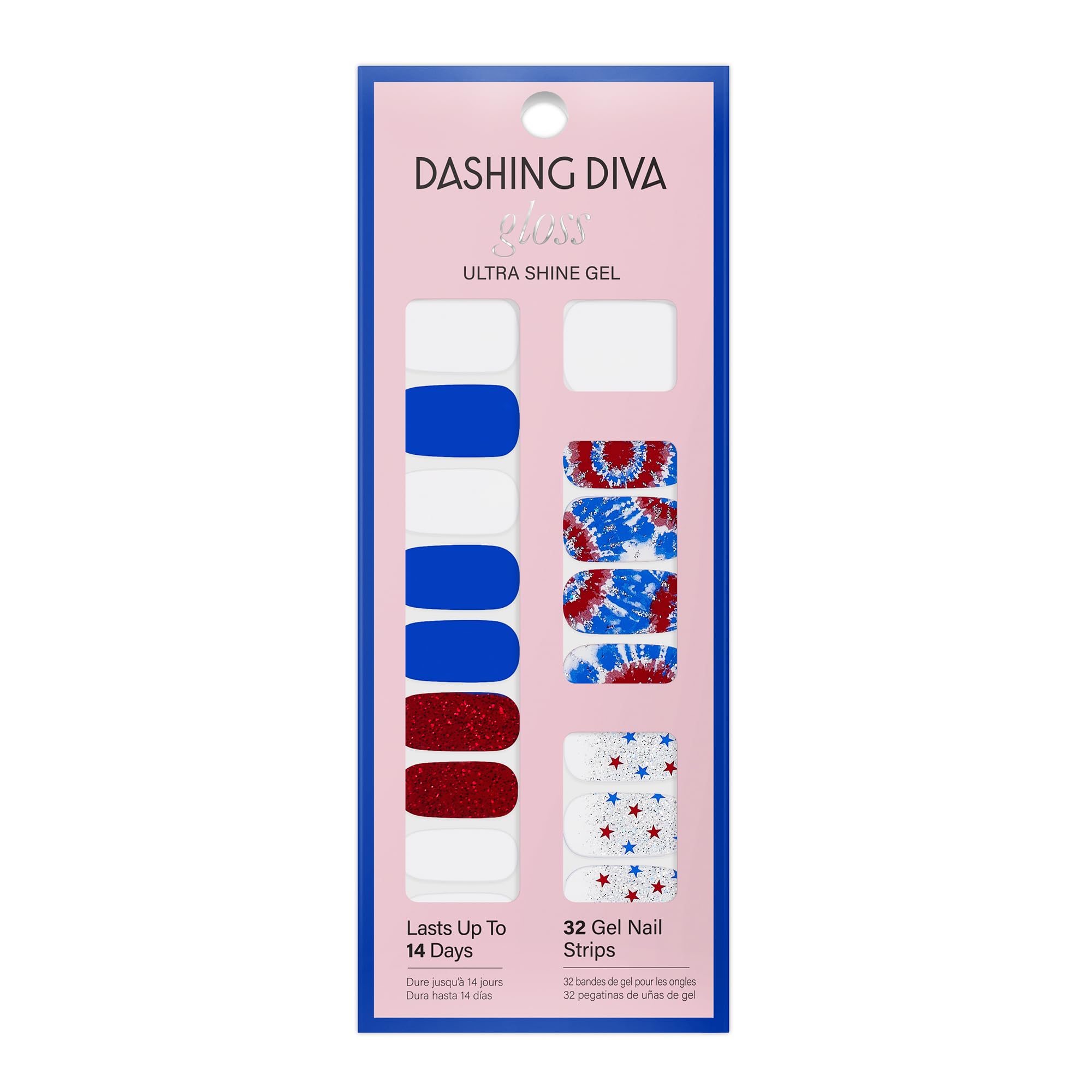 Dashing Diva Patriotic Gloss Nail Strips - Nails That I Love - UV Free, Chip Resistant, Long Lasting Gel Nail Stickers - 3-Piece Manicure Set - Contains 32 Wraps, 1 Prep Pad, 1 File