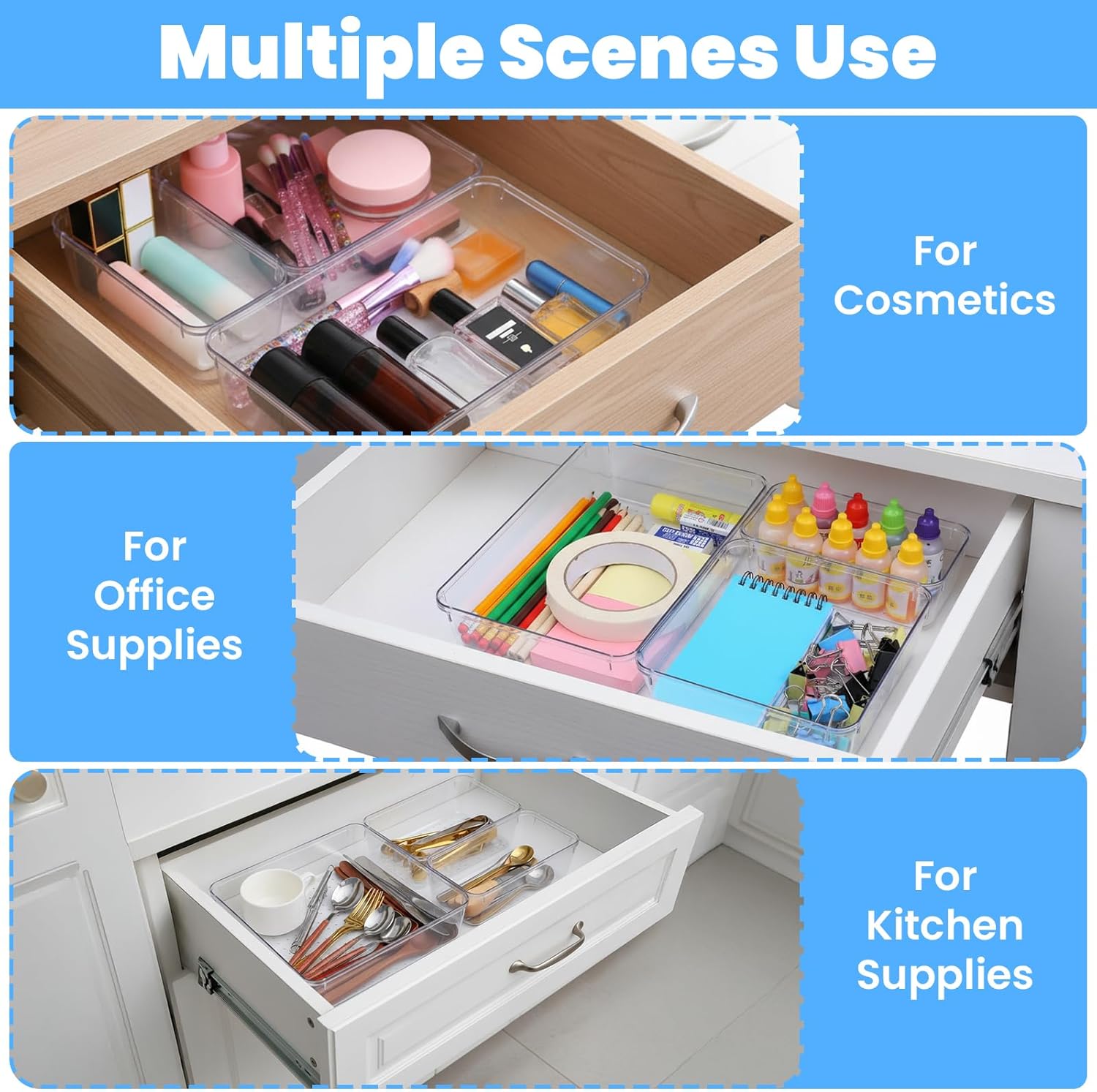 12 Pack Drawer Organizer - 3 Sizes, Clear Plastic Kitchen Drawer Organizers Set, Versatile Bathroom and Vanity Organizer Trays,Storage Bins for Makeup, Bathroom, Jewelries and Office