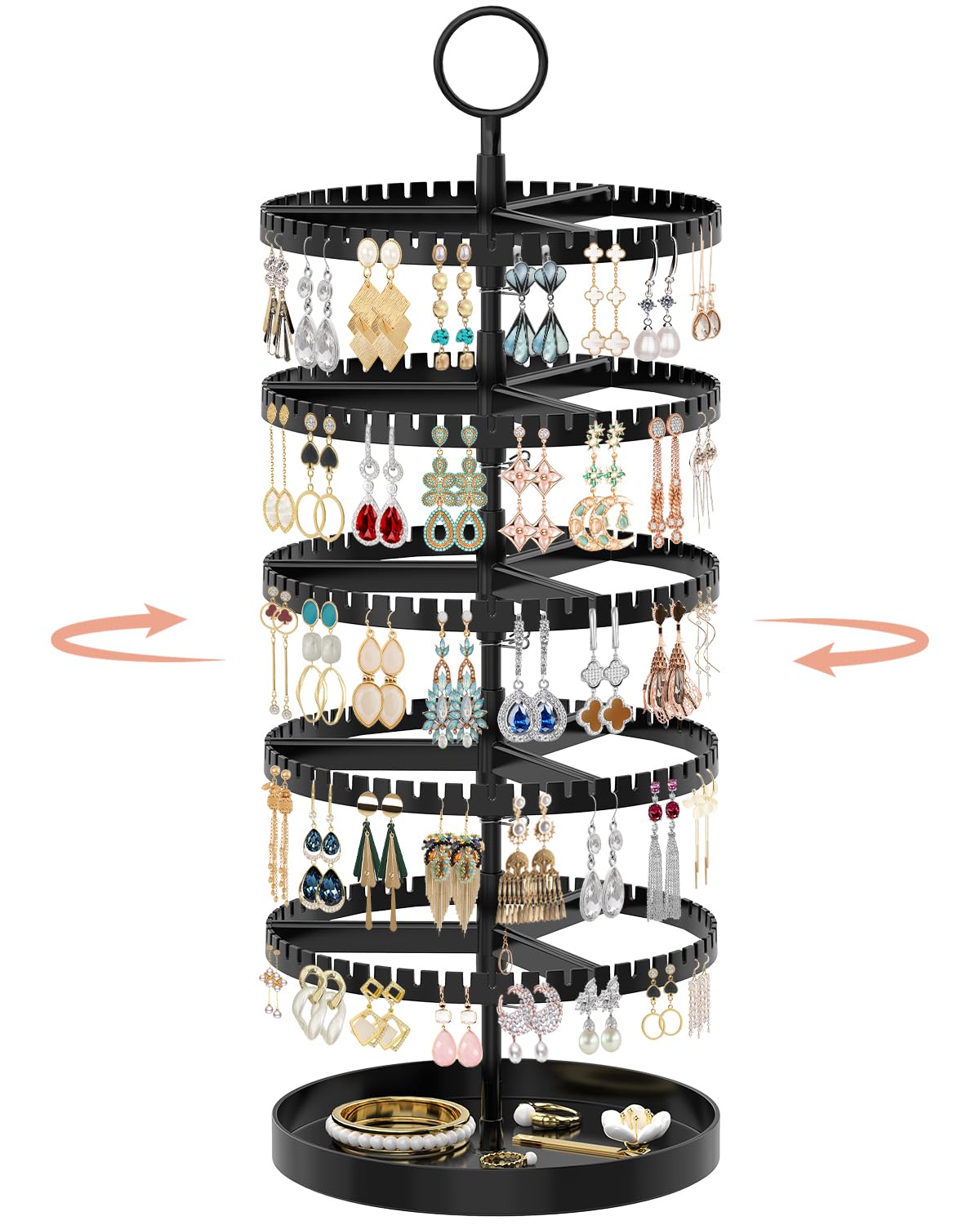 iDavosic.ly 5 Tier Rotating Earring Holder Organizer, Metal Tray, Black