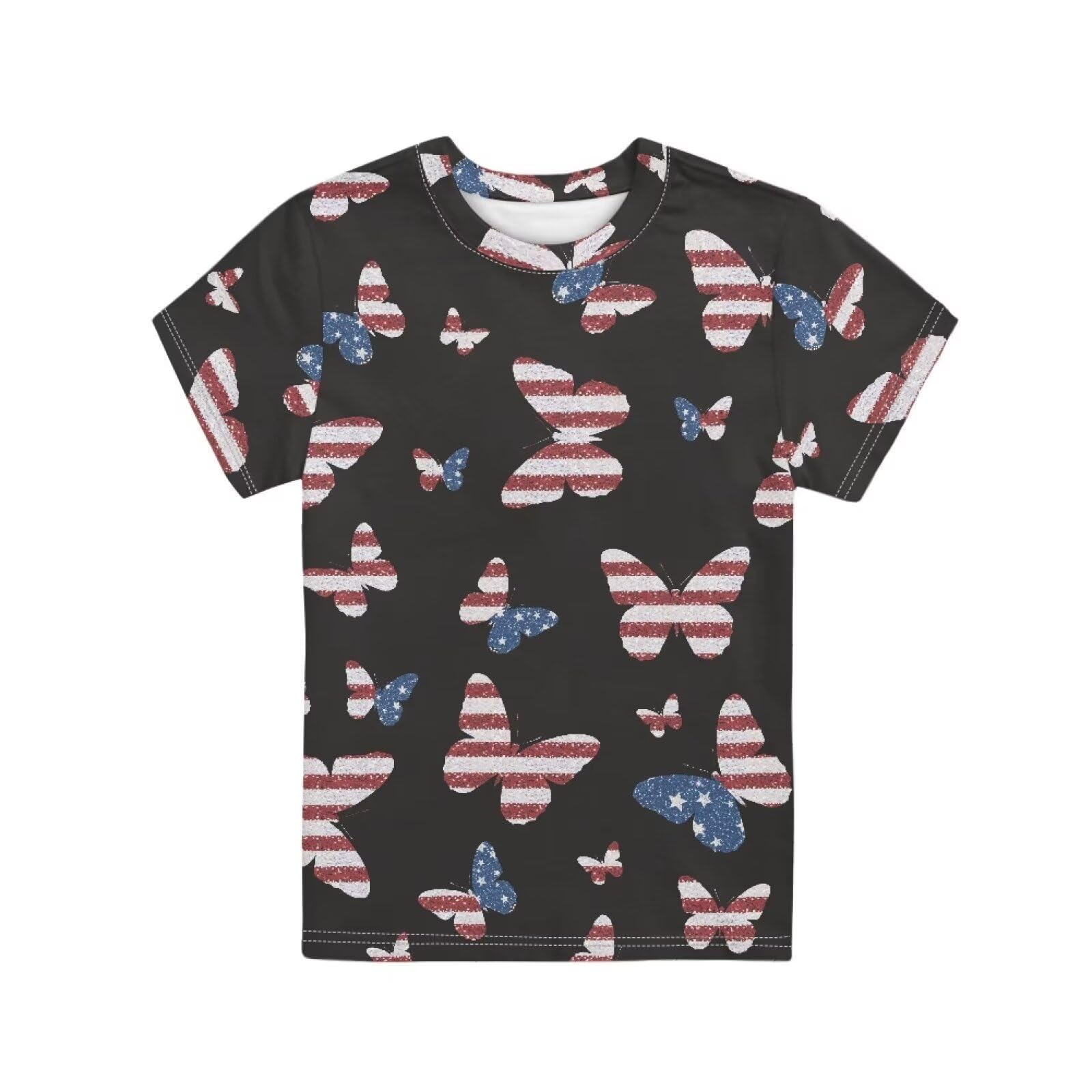 Xernghsao Kid's Unisex Tee Shirt Regular-Fit Top Short-Sleeved Casual Outfit with Round Neckline Stars & Striped Butterfly Pattern 13-14