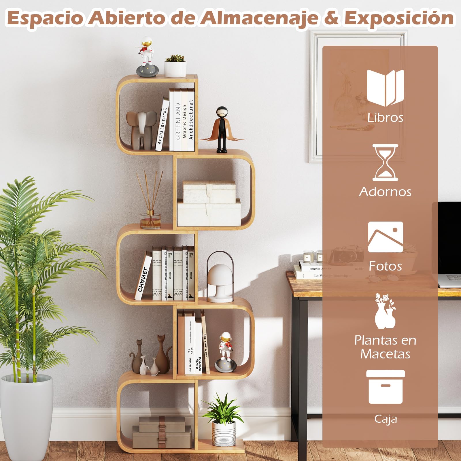 COSTWAY Libreria en Forma de S, Estantería de Bambú con 5 Cubos Abiertos, Geométrico para Esquina, Estanteria para Libros Decorativo Salon Dormitorio Oficina, 61 x 23 x 166 cm, Natural