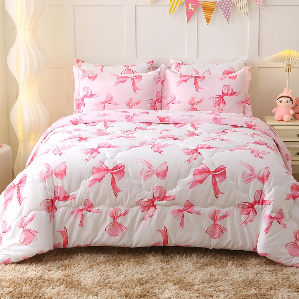 Girls Bow Bedding Set for Kids Full Size 7 Piece Pink Reversible Bowknot Comforter Set