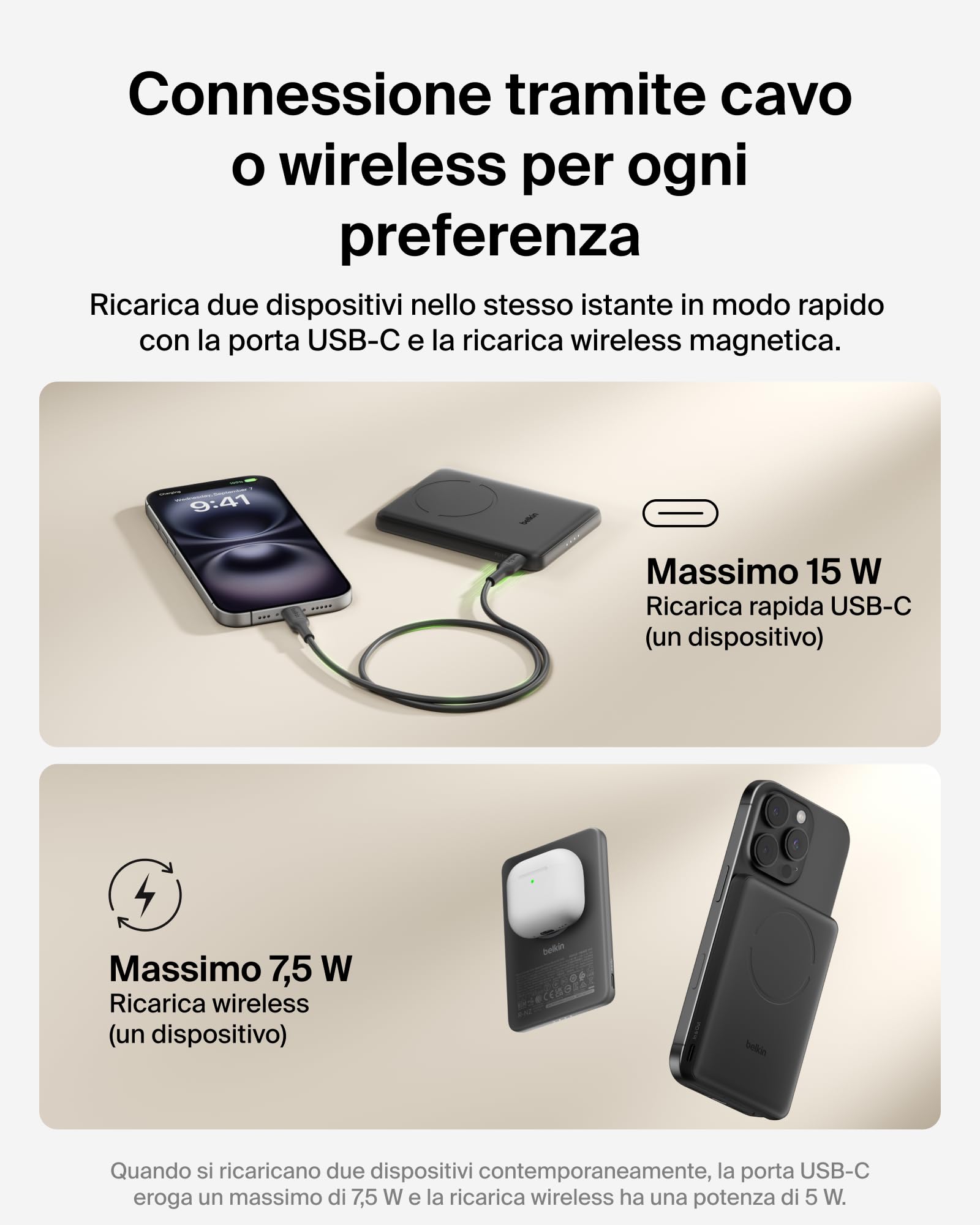 Belkin BoostCharge Power Bank Magnetico 5000mAh, Qi2 7.5W Caricatore Portatile Sottile con Anello Magnetico e Porta USB-C, Cavo USB-C Incluso, Power Bank per iPhone, Galaxy, Pixel, iPad e altro, Nero