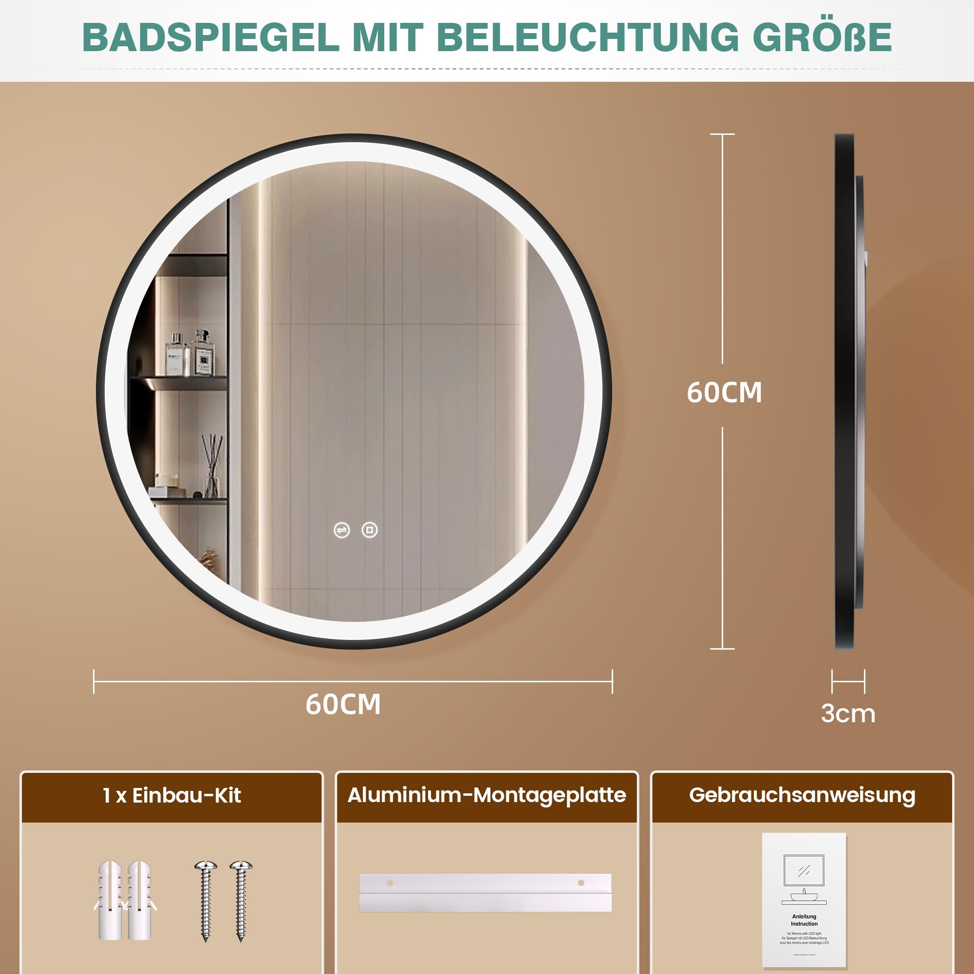 60cm Spiegel Schwarz mit Beleuchtung – Dimmbar, 3 Farben, Speicherfunktion, IP44 Wasserdicht, Schwarzer Badezimmerspiegel mit LED Licht, Aluminiumrahmen für Badezimmer