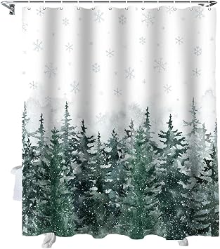 Christmas Shower Curtain Pine Tree Forest Shower Curtains for Bathroom Decor Winter Misty Forest Green for Christmas Decoration Bath Curtains Sets with Hooks Waterproof Extra Long 72" x 84"