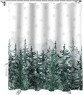 ALAGEO Christmas Shower Curtain Pine Tree Forest Shower Curtains for Bathroom Decor Winter Misty Forest Green for Christmas Decoration Bath Curtains Sets with Hooks Waterproof Extra Long 72" x 96"