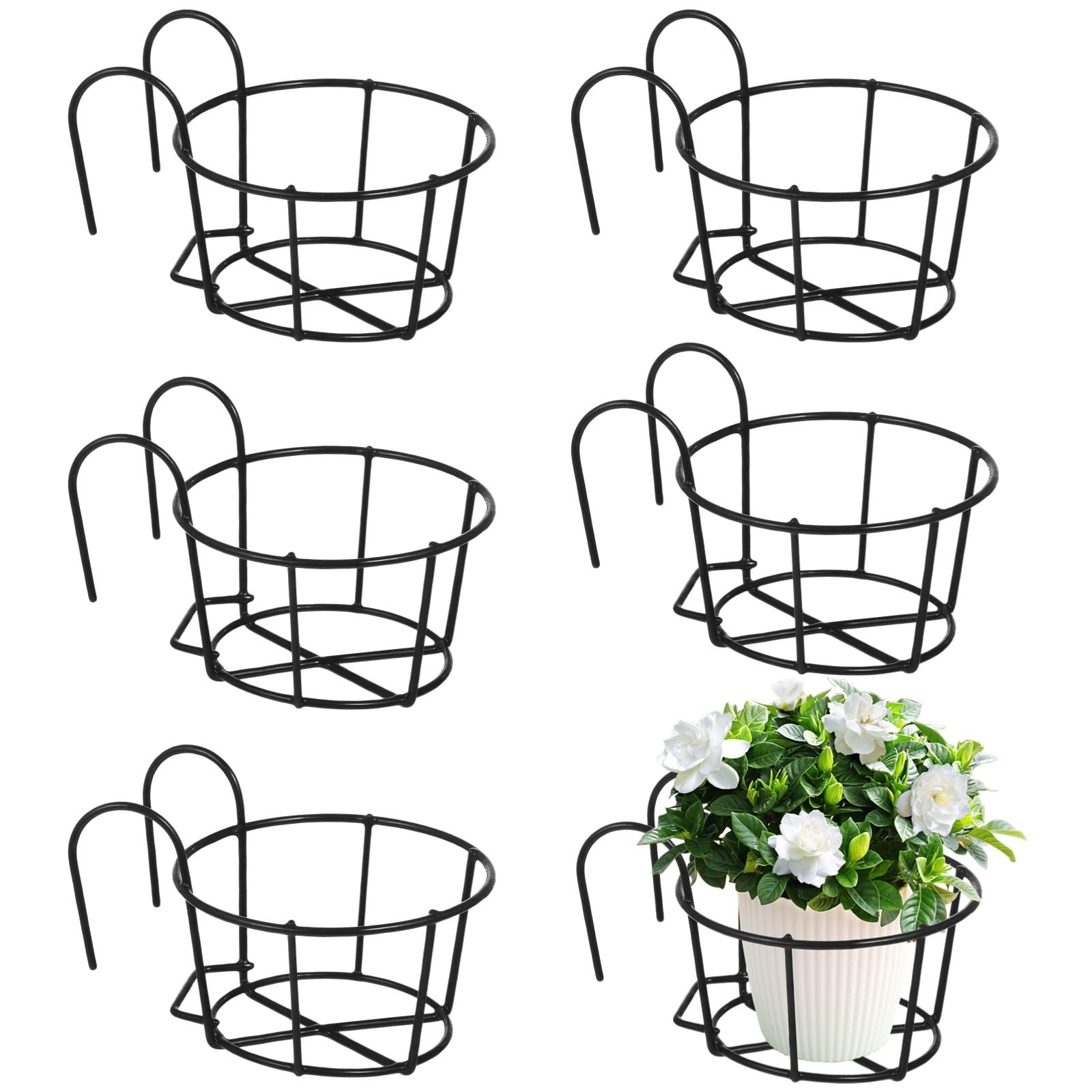 6 fioriere rotonde da appendere, per ringhiere da appendere, in ferro, supporto per vasi da fiori da appendere, in metallo, con ganci, per balconi, giardini, spazi interni