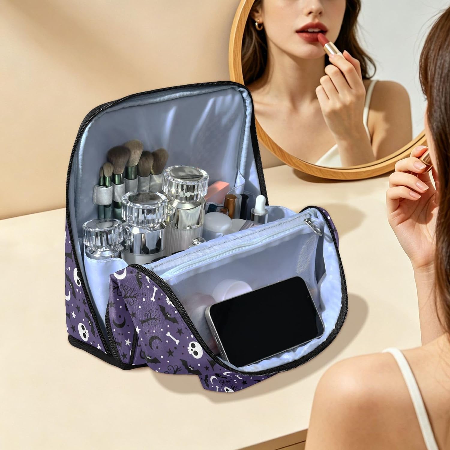 MNSRUU Travel Makeup Bag with Divider Brush Holder Bats Satellites Skulls image 4