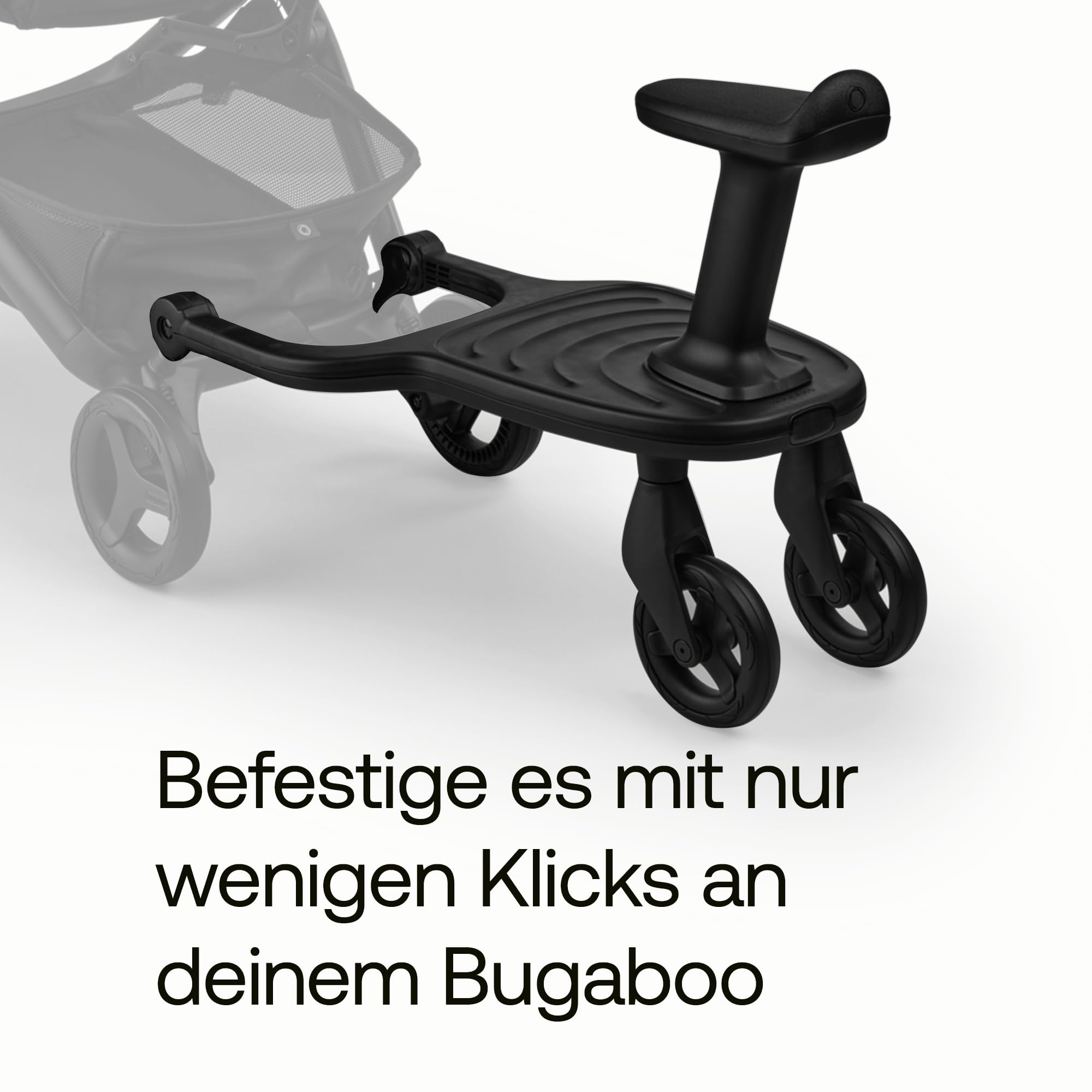 Bugaboo Komfort-Mitfahrbrett+ mit abnehmbarem Sitz – Mitfahrbrett für Kleinkinder, mit Sitz- oder Stehmöglichkeit, kompatibel mit Bugaboo Kinderwagen, zwei Räder für besonders sanfte Fahrten