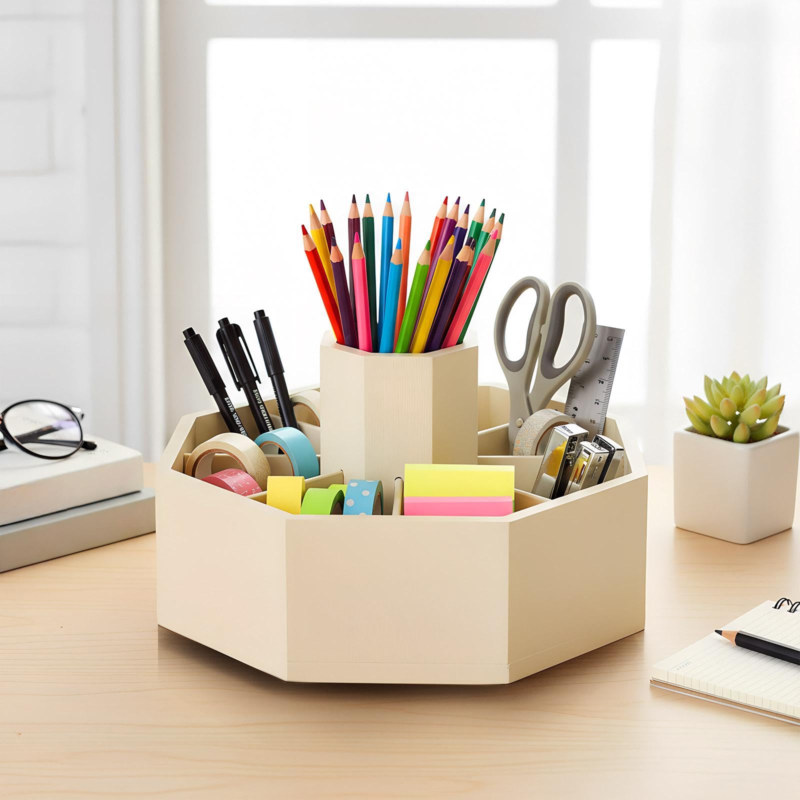 Drehbarer Stifthalter aus Bambus, Kunstbedarf, Organizer, Schreibtisch, 360° drehbar, Pastellstifte, Organizer für Schreibtisch-Aufbewahrung, Buntstifte, Pinsel (Beige)