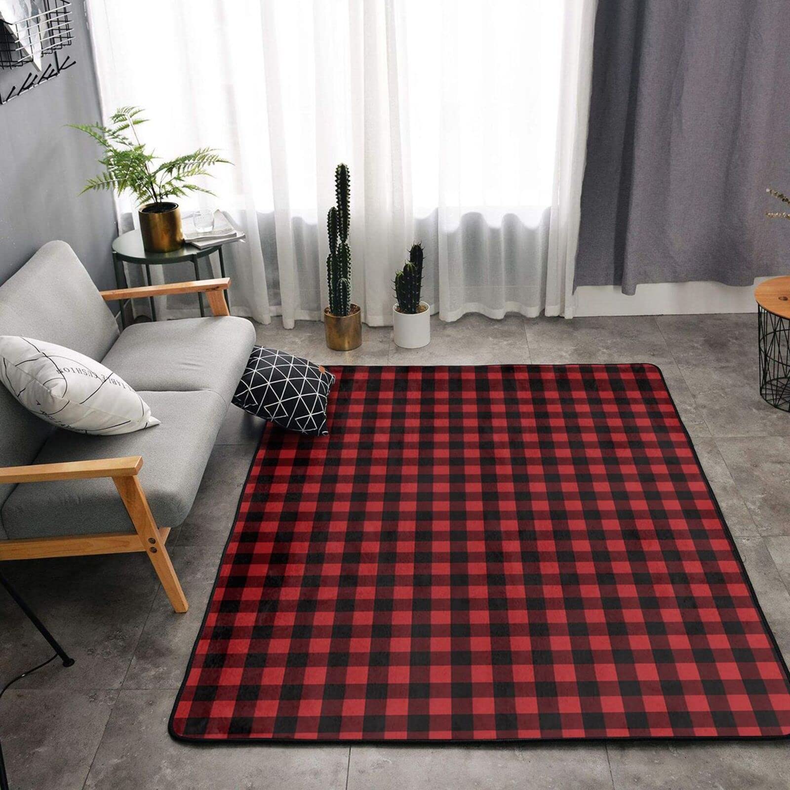 Tapete antideslizante de franela con patrón de cuadros rojos y negros de 63 x 48 pulgadas, tapetes para puerta delantera y trasera para interiores y exteriores