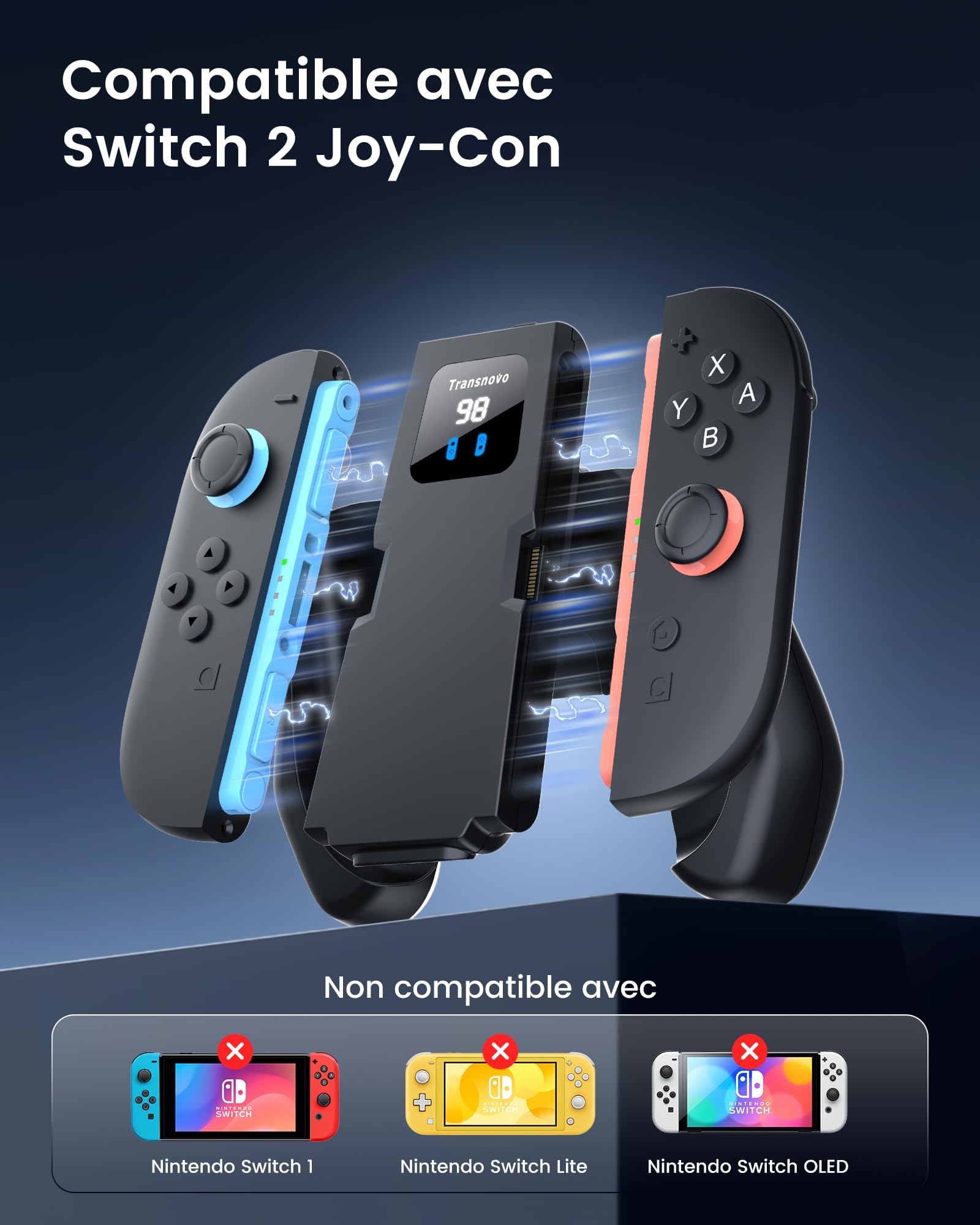 TRANSNOVO Poignée de Charge Joy Con 2 Compatible avec Switch 2 Manettes, Support de Recharge Magnétique avec Câble, Indicateur LED, Prise Ergonomique Antidérapante (Noir, 1400 mAh)