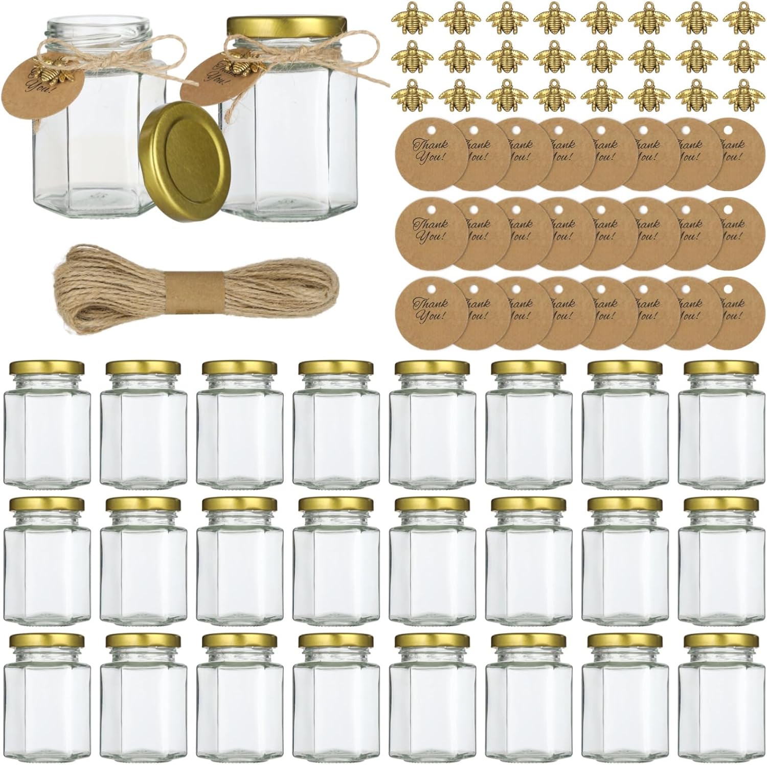 ZALIR 24 Sets Glass Honey Jar, Hexagonal Jars with Golden Lids Wooden Dippers Bee Pendants Thank You Tags Jute Twine, 3.4 oz Small Honey Bottles Shower Wedding Party Favors