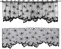 Vista 5 de VALICLUD 2 cortinas de encaje de Halloween para ventana, mantel de telaraña, diseño de murciélagos, cortina de puerta de encaje negro, pantalla